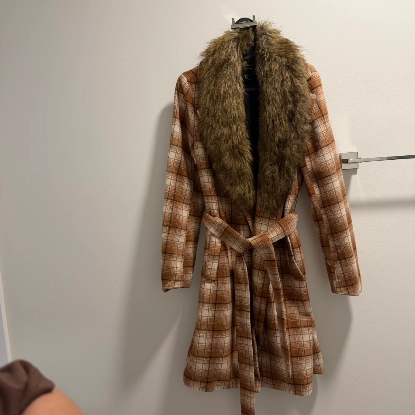 Forever 21 Plaid Coat with Faux Fur Collar - Size S