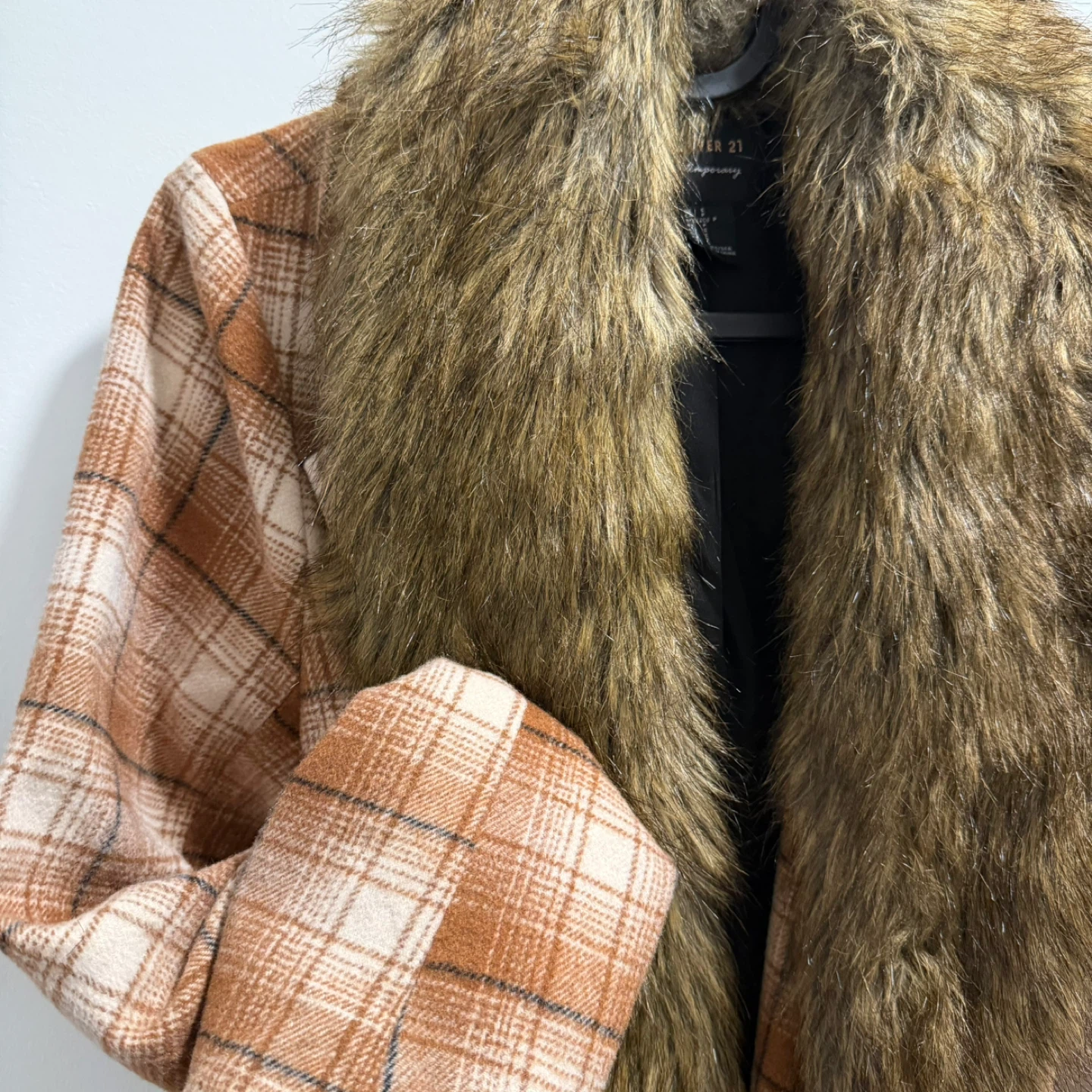 Forever 21 Plaid Coat with Faux Fur Collar - Size S - photo 3