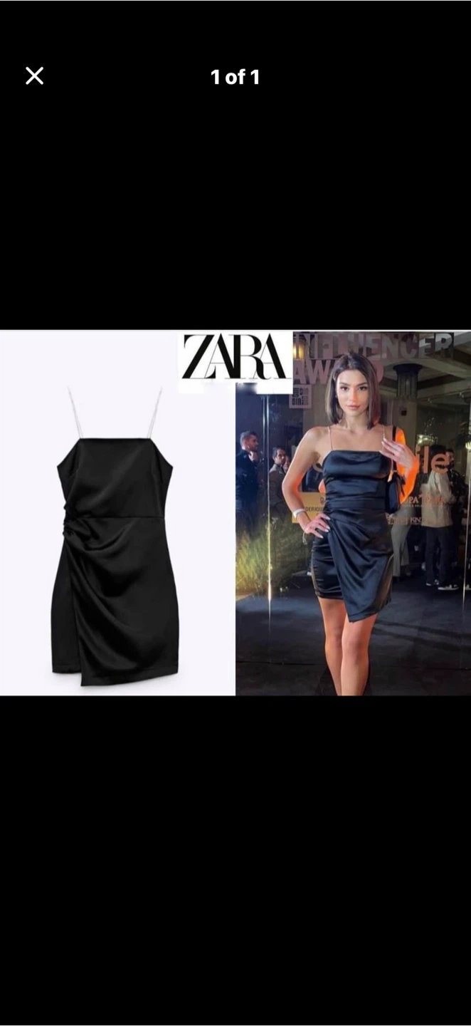 ZARA Black Satin Ruched Dress with Rhinestone Straps