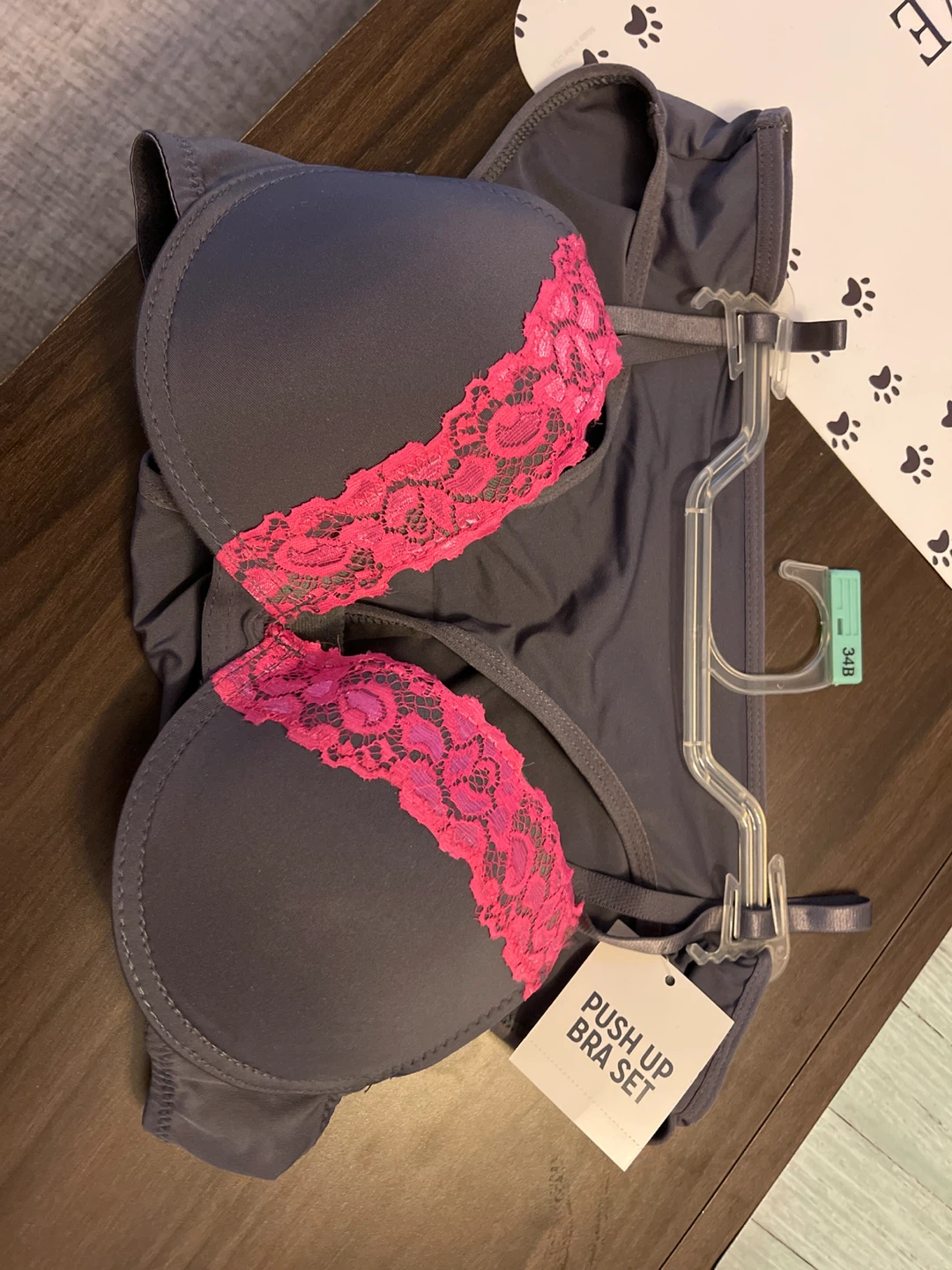 Push Up Bra Set - Grey with Pink Lace - 34B