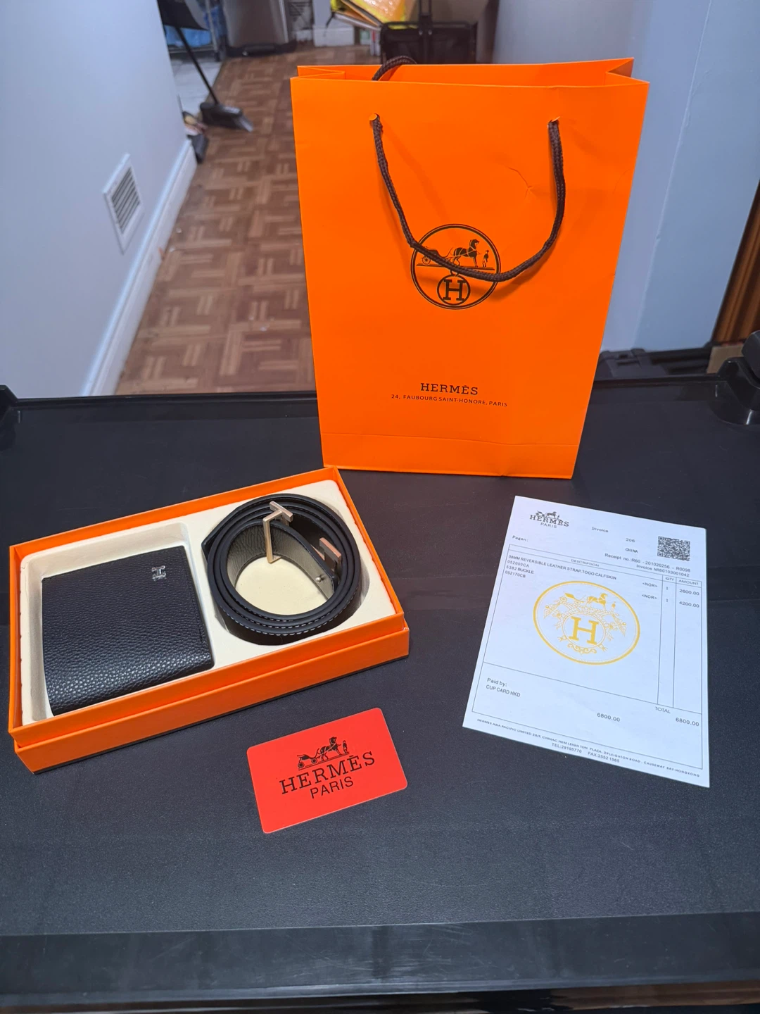 Hermes Black Leather Belt and Bifold Wallet Set