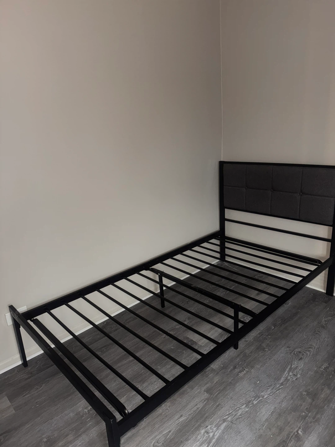 Black twin sized Metal Bed Frame with Upholstered Headboard