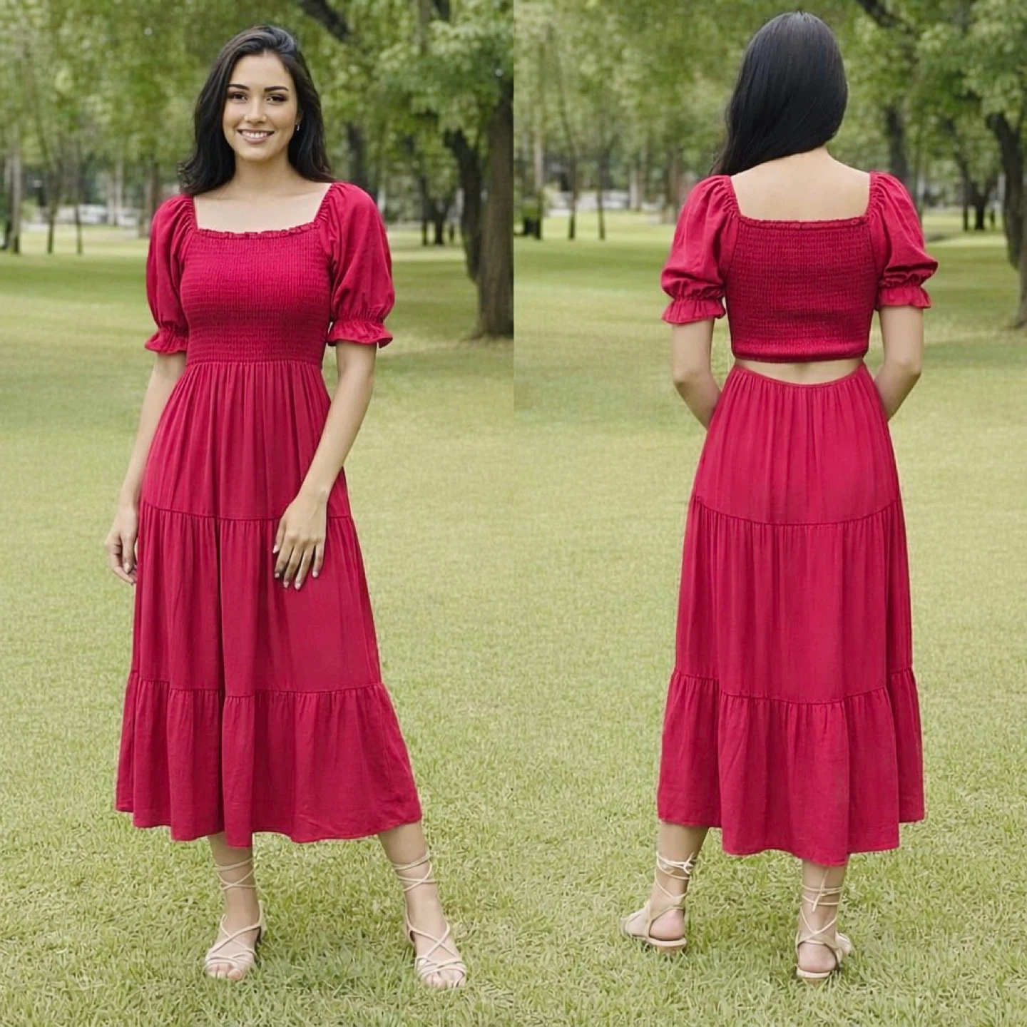 Pink Short Sleeve Smocked Tiered Cutout Short Sleeve Midi Dress - photo 4