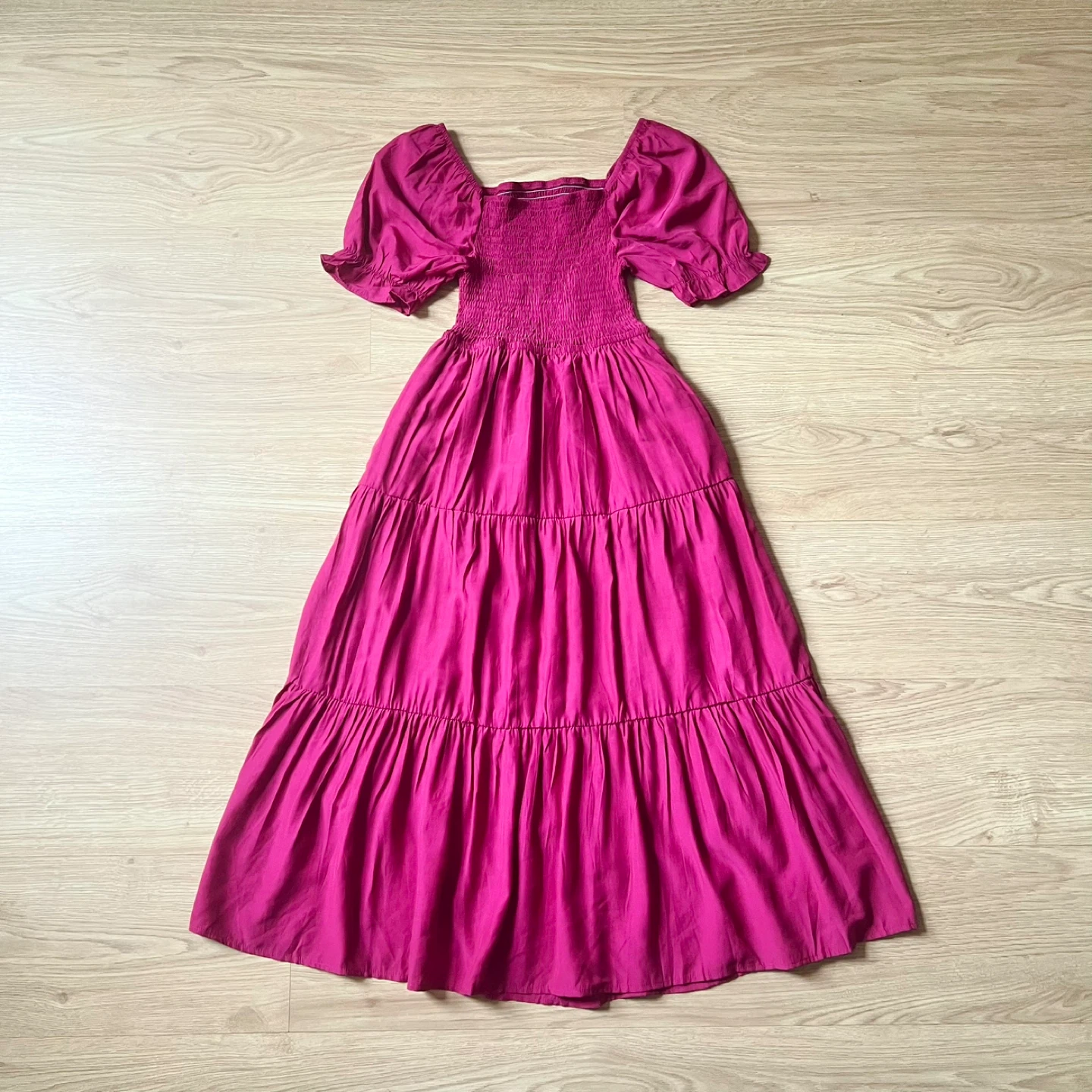Pink Short Sleeve Smocked Tiered Cutout Short Sleeve Midi Dress