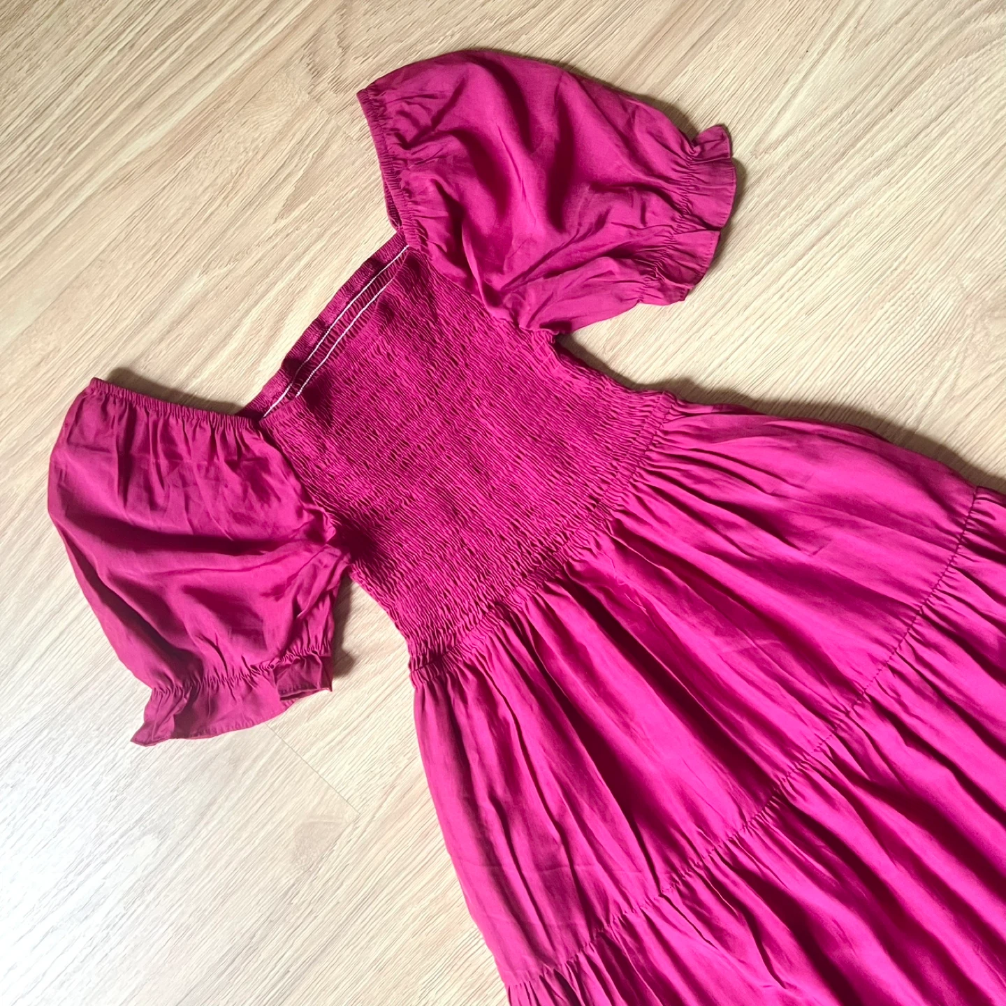 Pink Short Sleeve Smocked Tiered Cutout Short Sleeve Midi Dress - photo 2