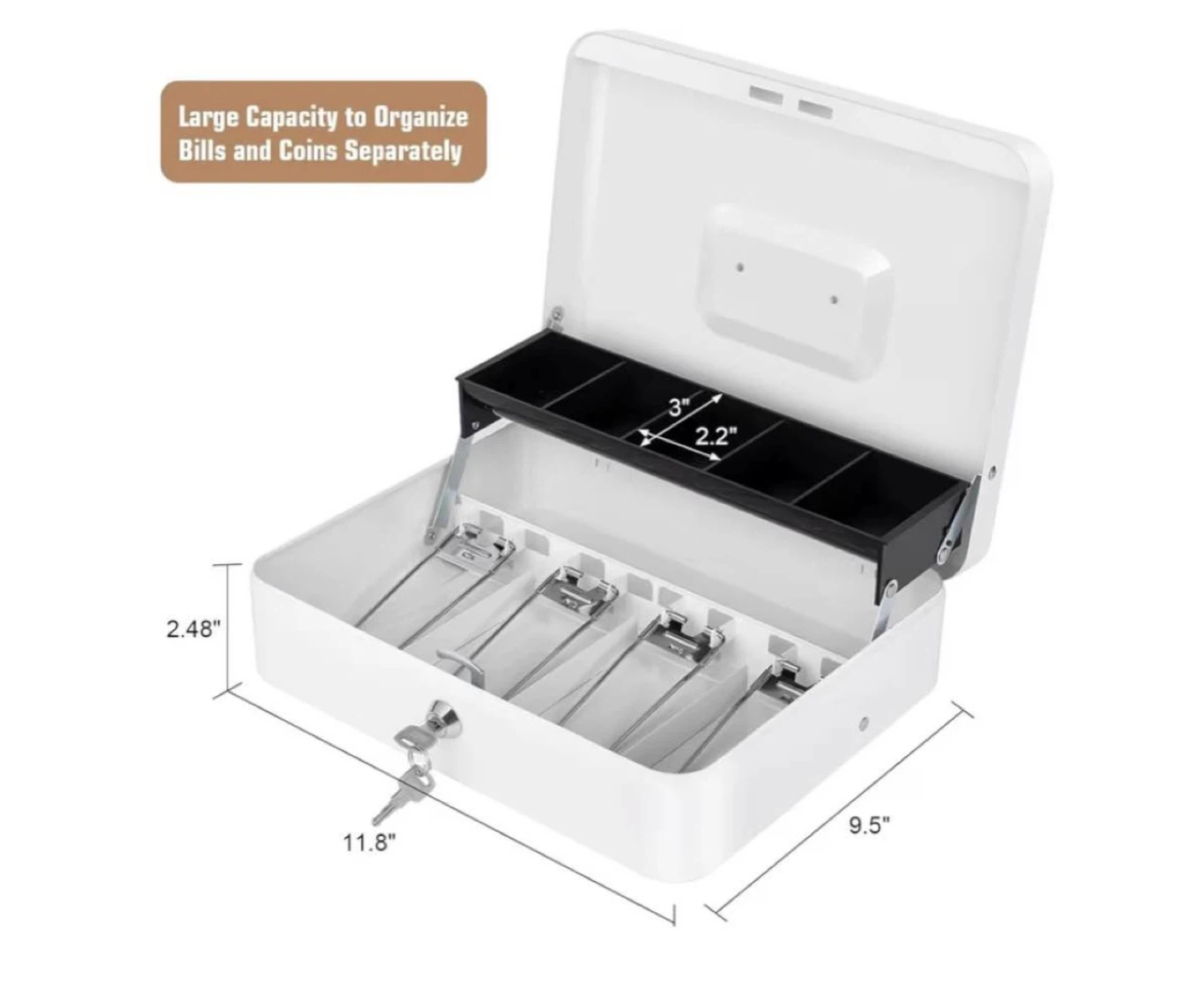 White Metal Cash Box with Key and money tray - photo 3
