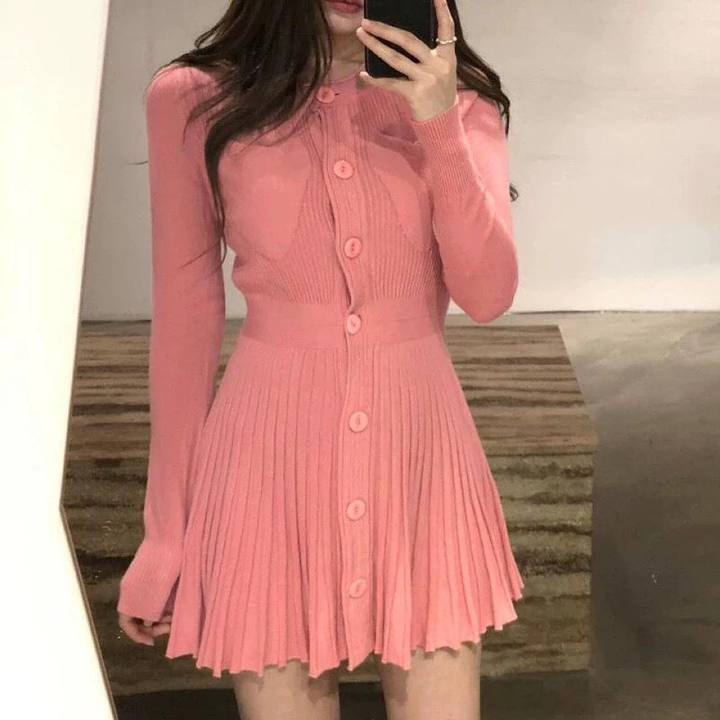PETITE Pink Ribbed Pleated Long Sleeve Mini Sweater Dress
