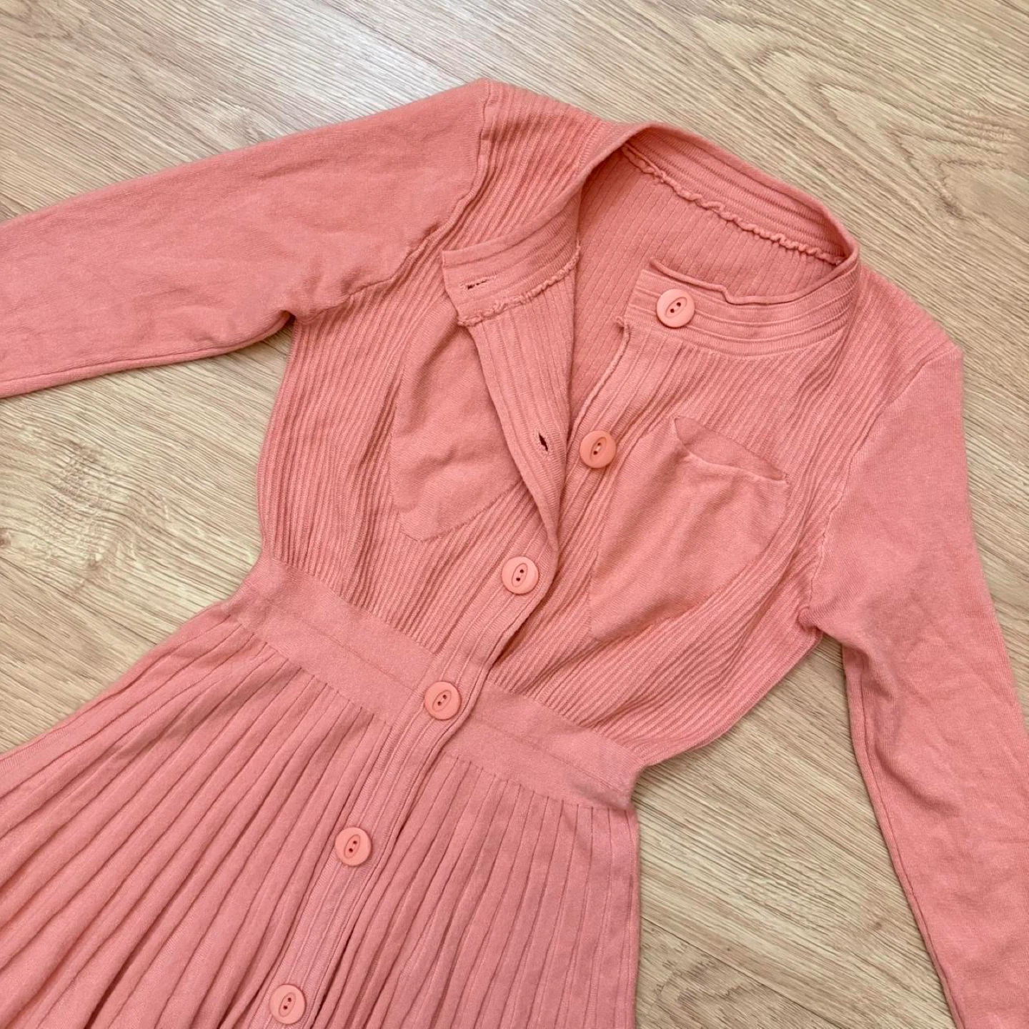 PETITE Pink Ribbed Pleated Long Sleeve Mini Sweater Dress - photo 3