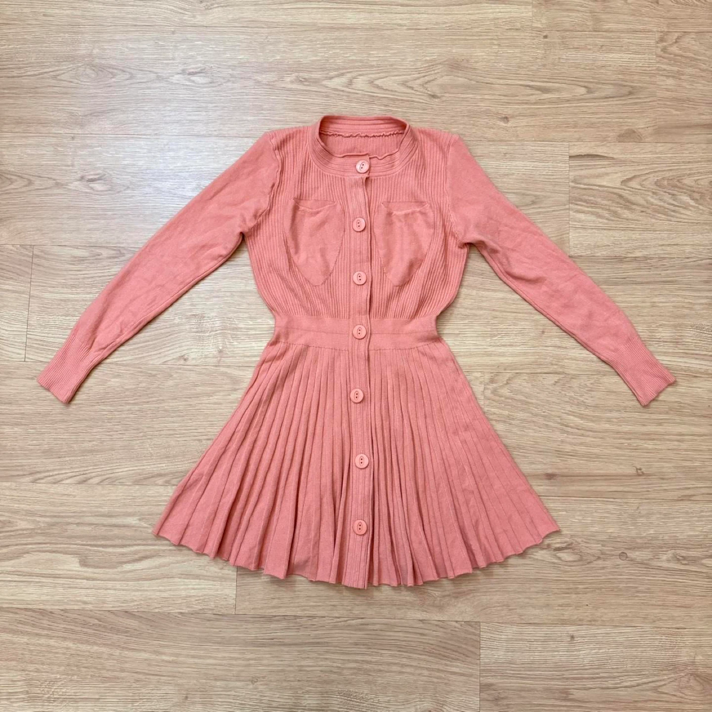 PETITE Pink Ribbed Pleated Long Sleeve Mini Sweater Dress - photo 2