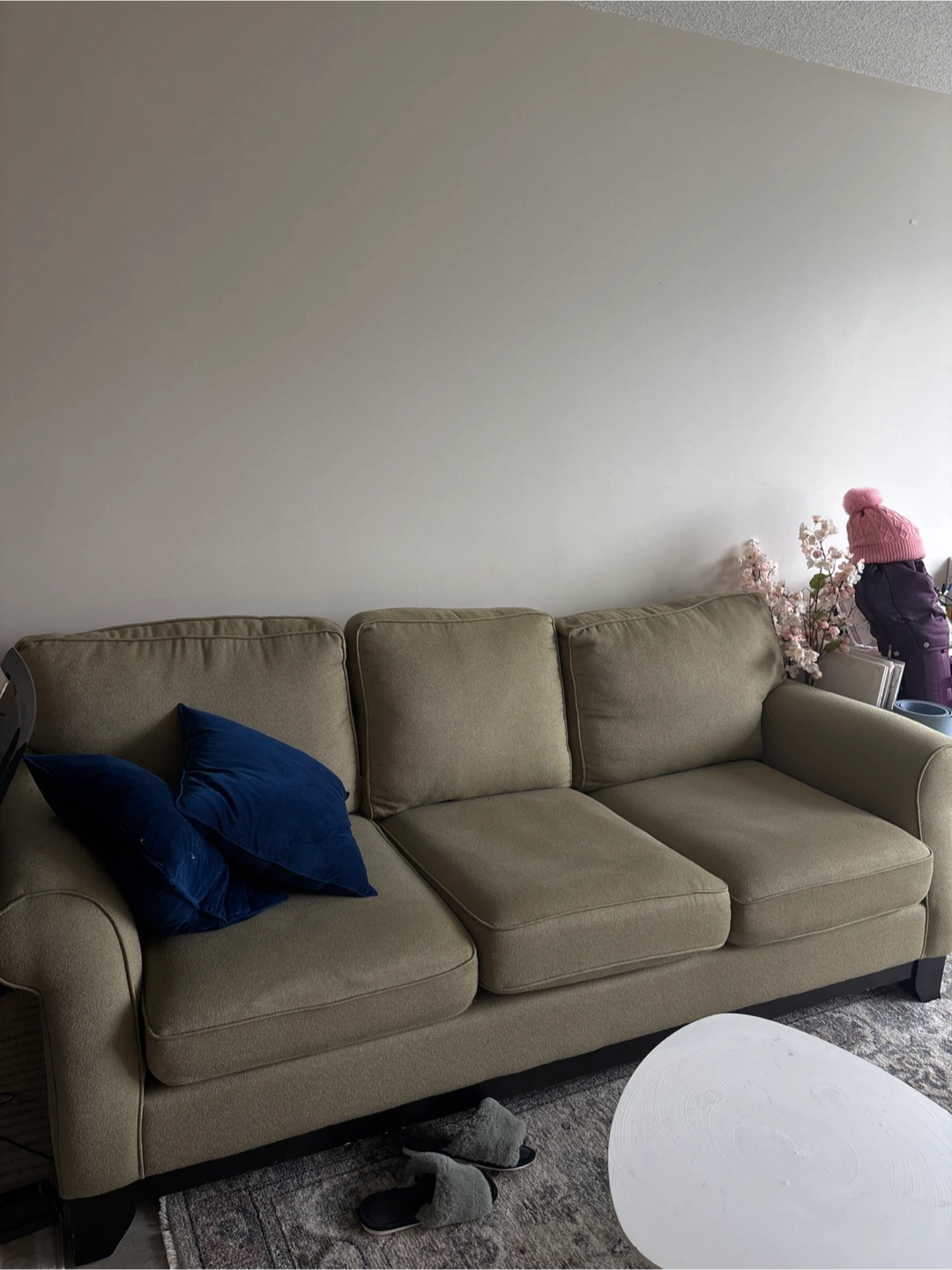Khaki Green 3-Seater Sofa with Blue Pillows