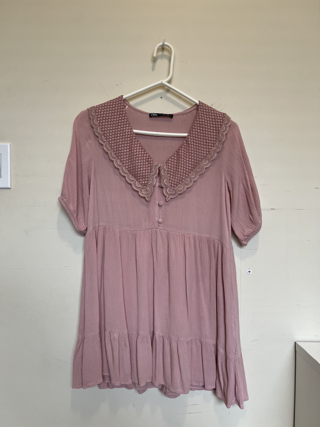 Zara Pink Babydoll Dress with Lace Collar - Size S