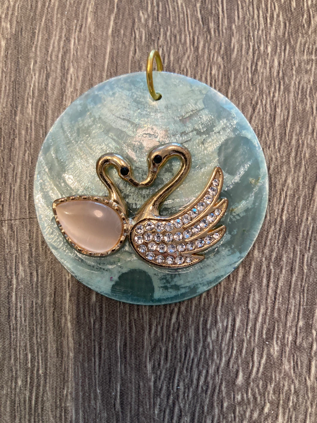 Gold Swan Pendant with Crystals on shell