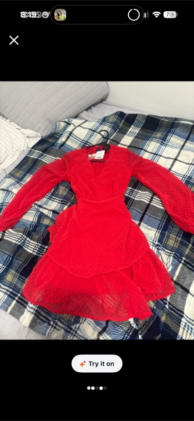 Brand new Red Textured Mini Dress with Long Sleeves - photo 2