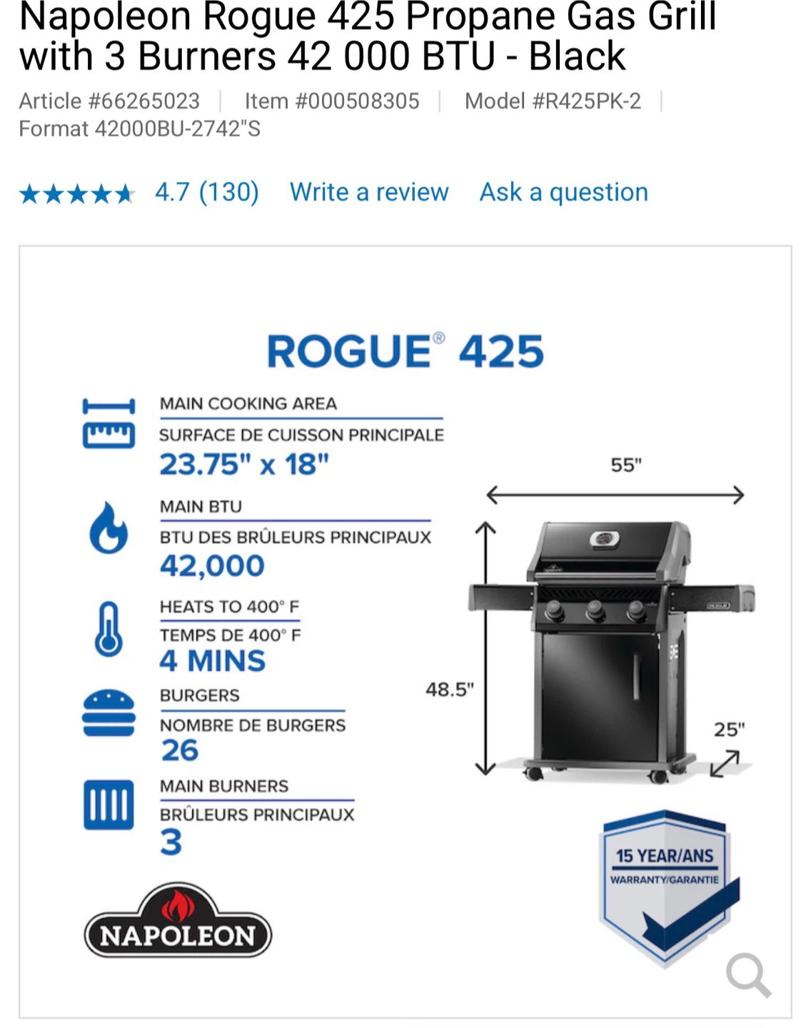 Napoleon Rogue 425 Propane Gas Grill - Black