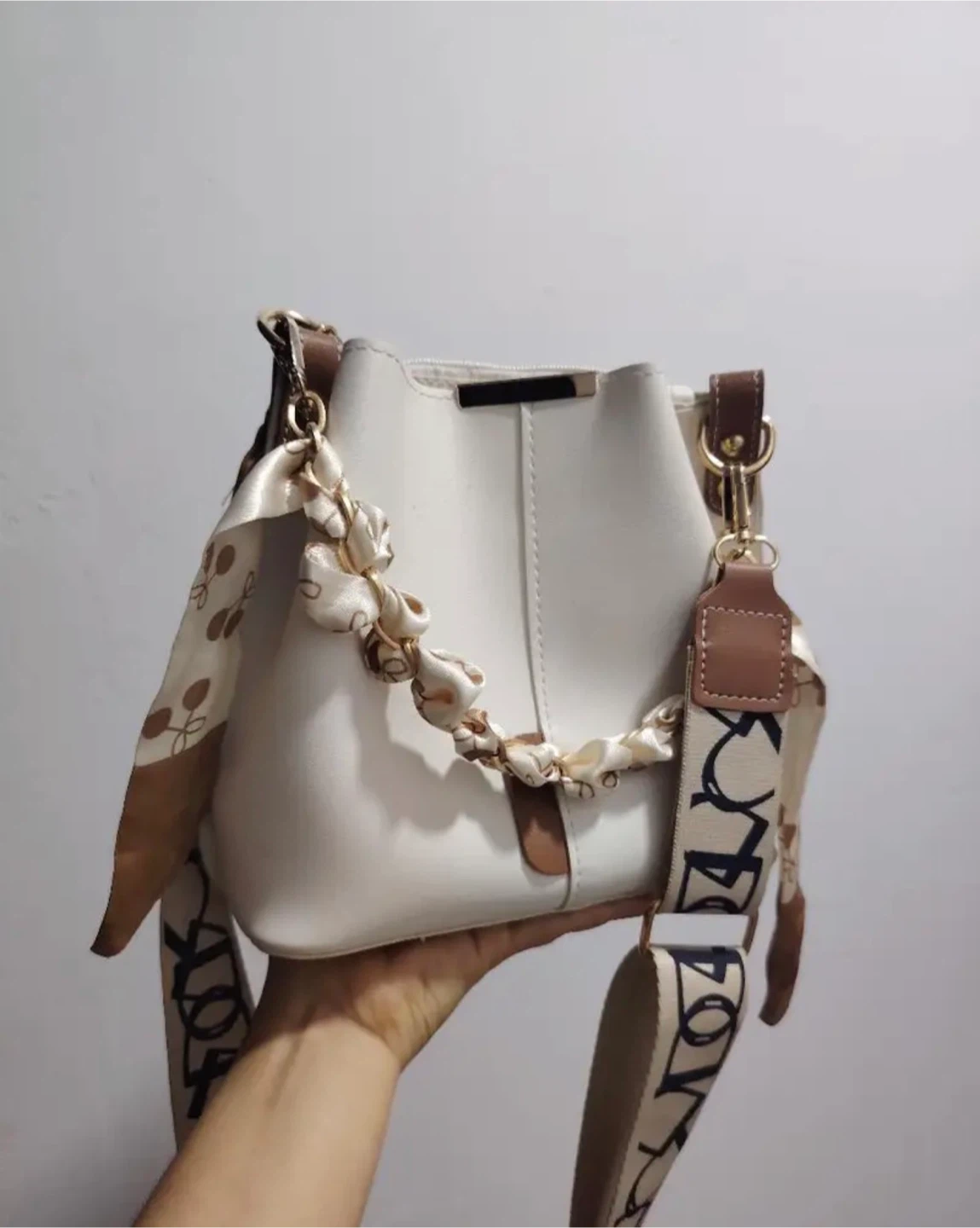 Cream Bucket Bag with Scarf Strap - photo 3