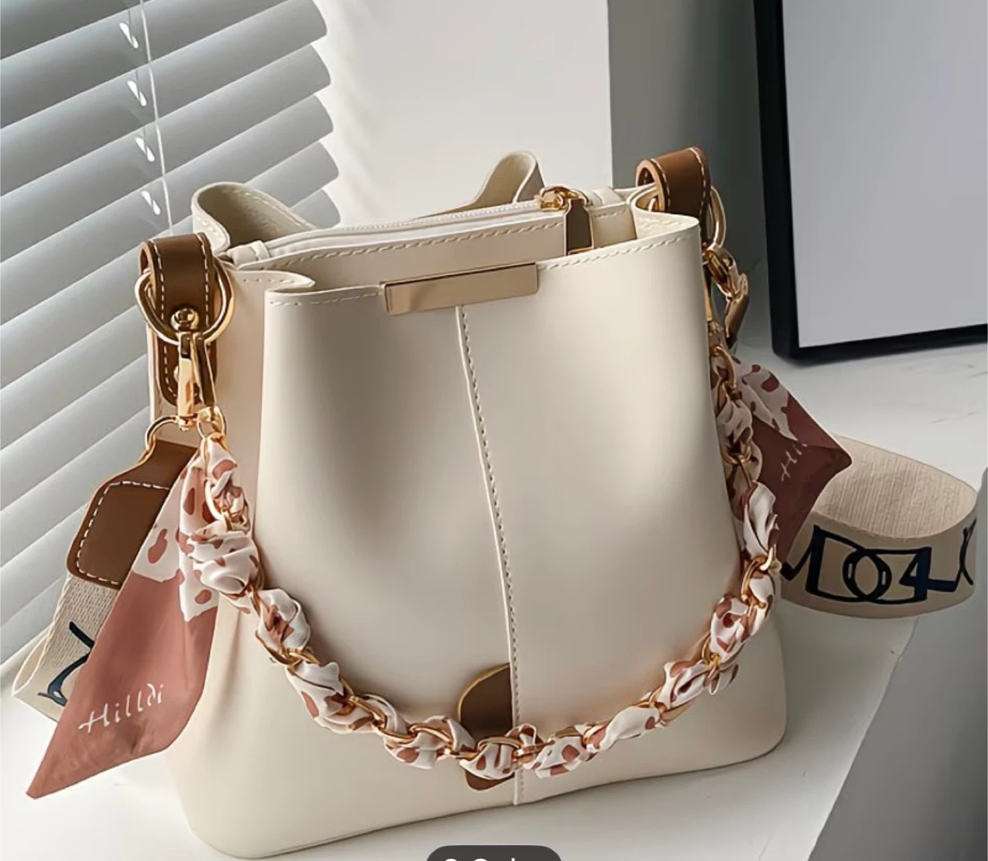 Cream Bucket Bag with Scarf Strap - photo 4