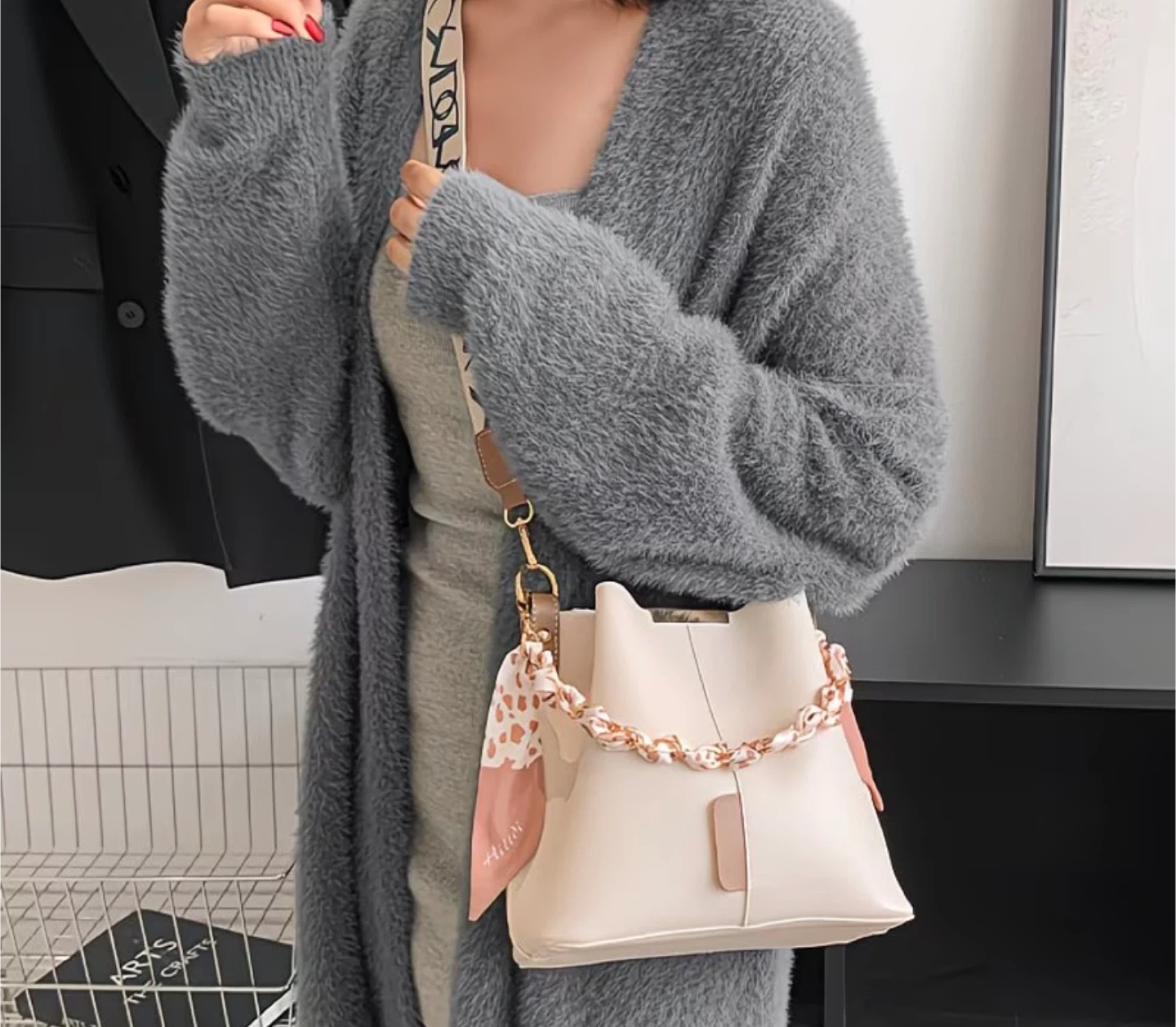 Cream Bucket Bag with Scarf Strap