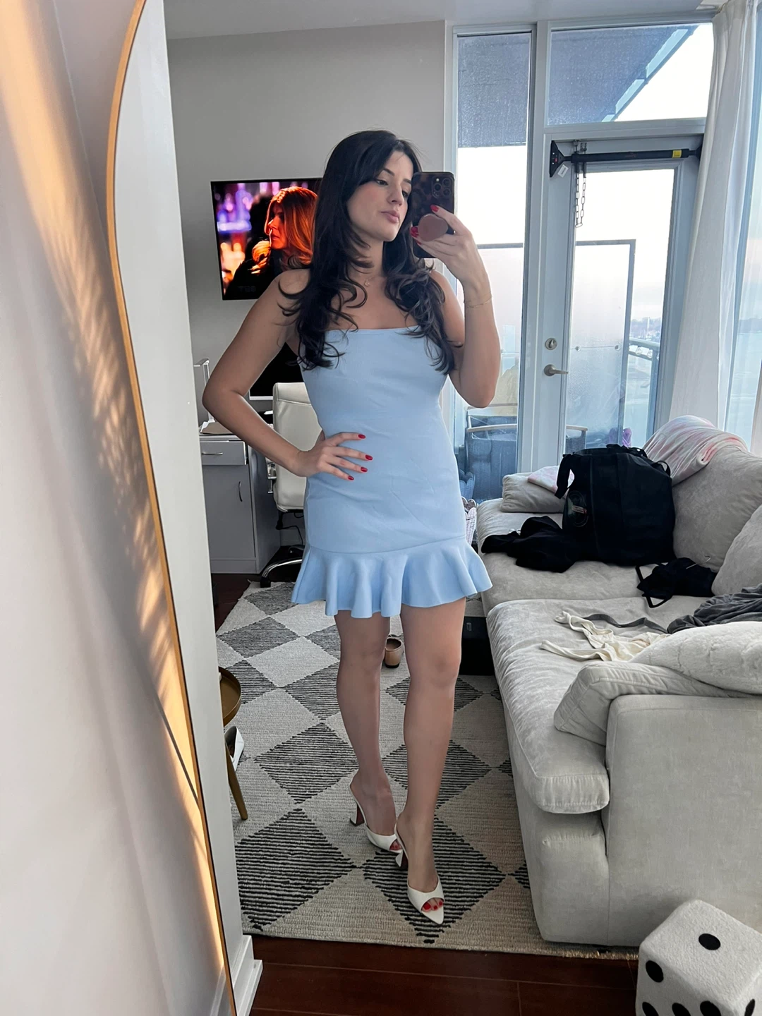 Honey- brand new Light Blue Strapless Ruffle Hem Dress