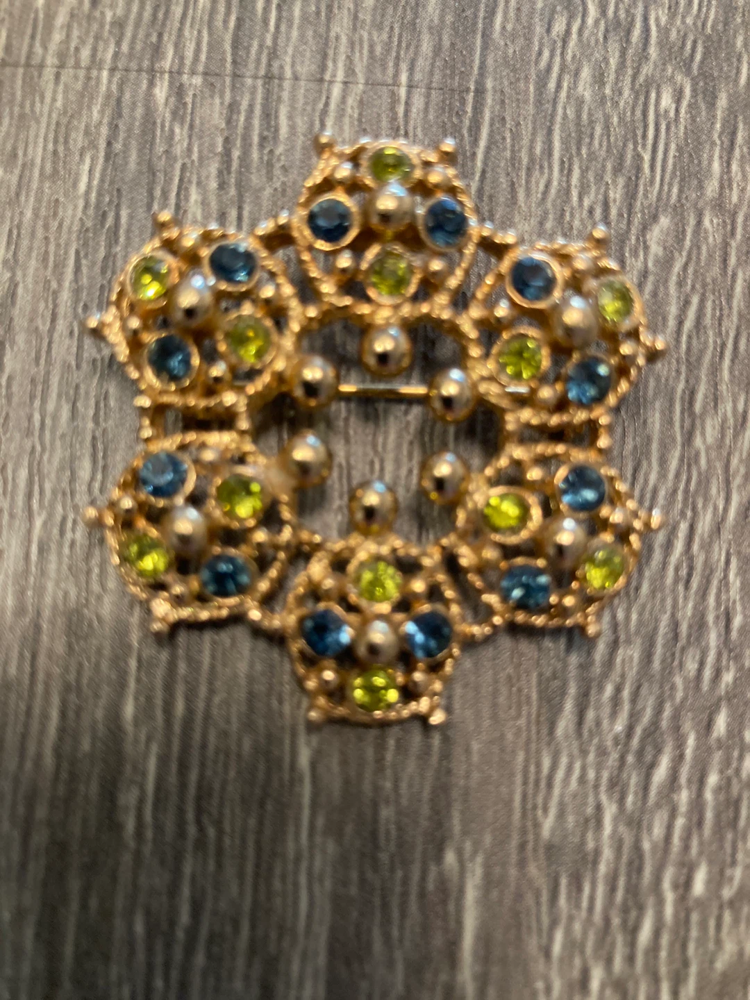 Gold-tone Brooch with Blue and Green Stones
