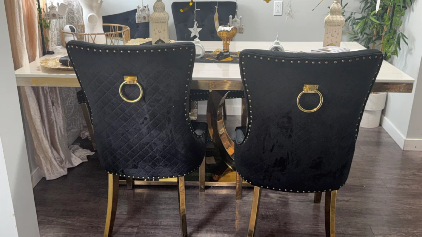 Black Velvet Dining Chairs with Gold Ring Back (Set of 2) - photo 2