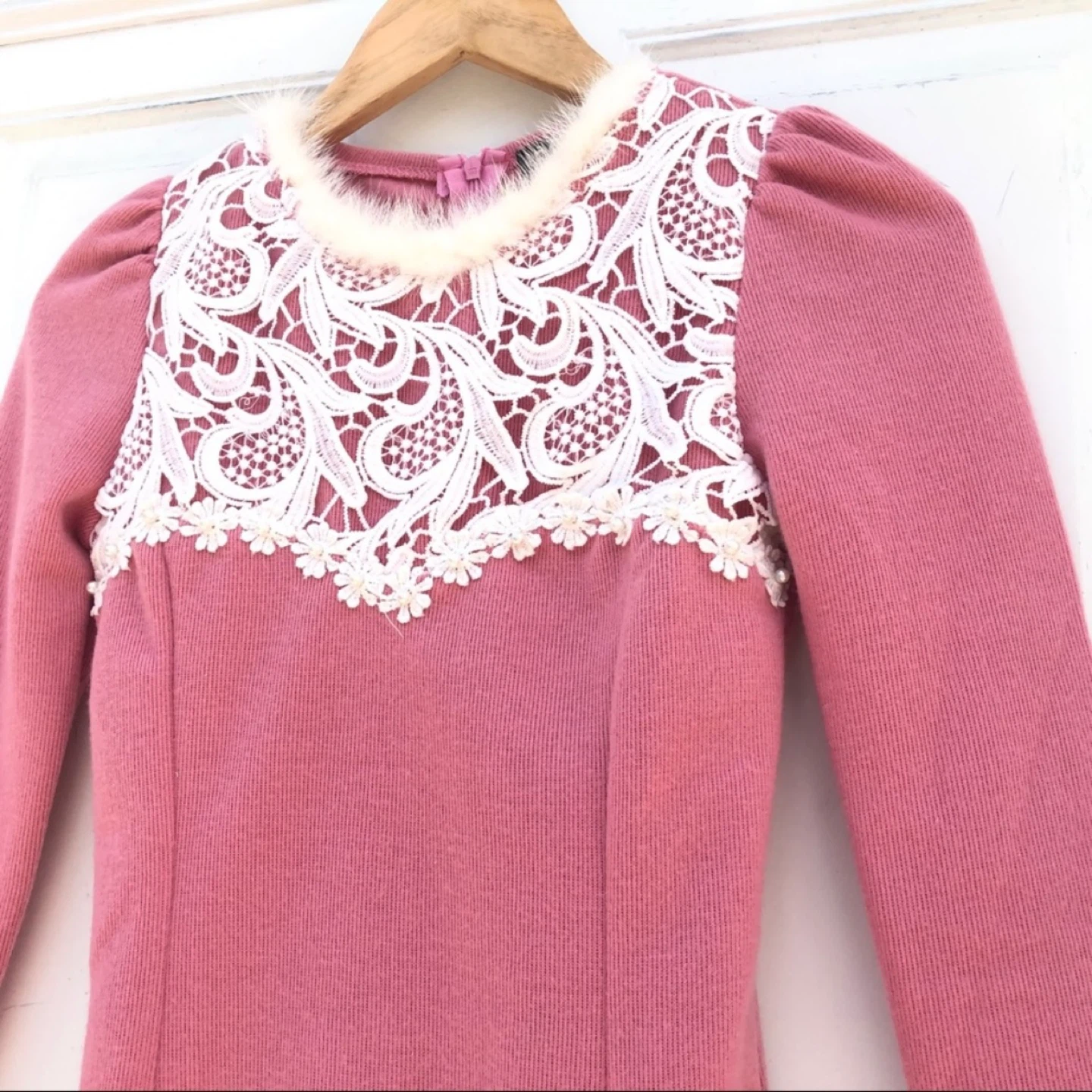 NEW Pink Lace Pearl Long Sleeve Bodycon Mini Dress - photo 2
