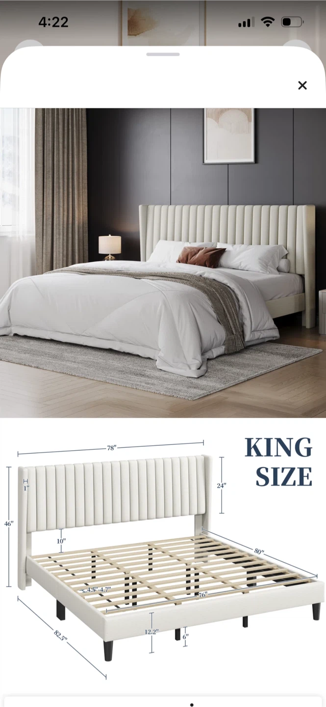 White King Size Platform Bed Frame with Upholstered Headboard