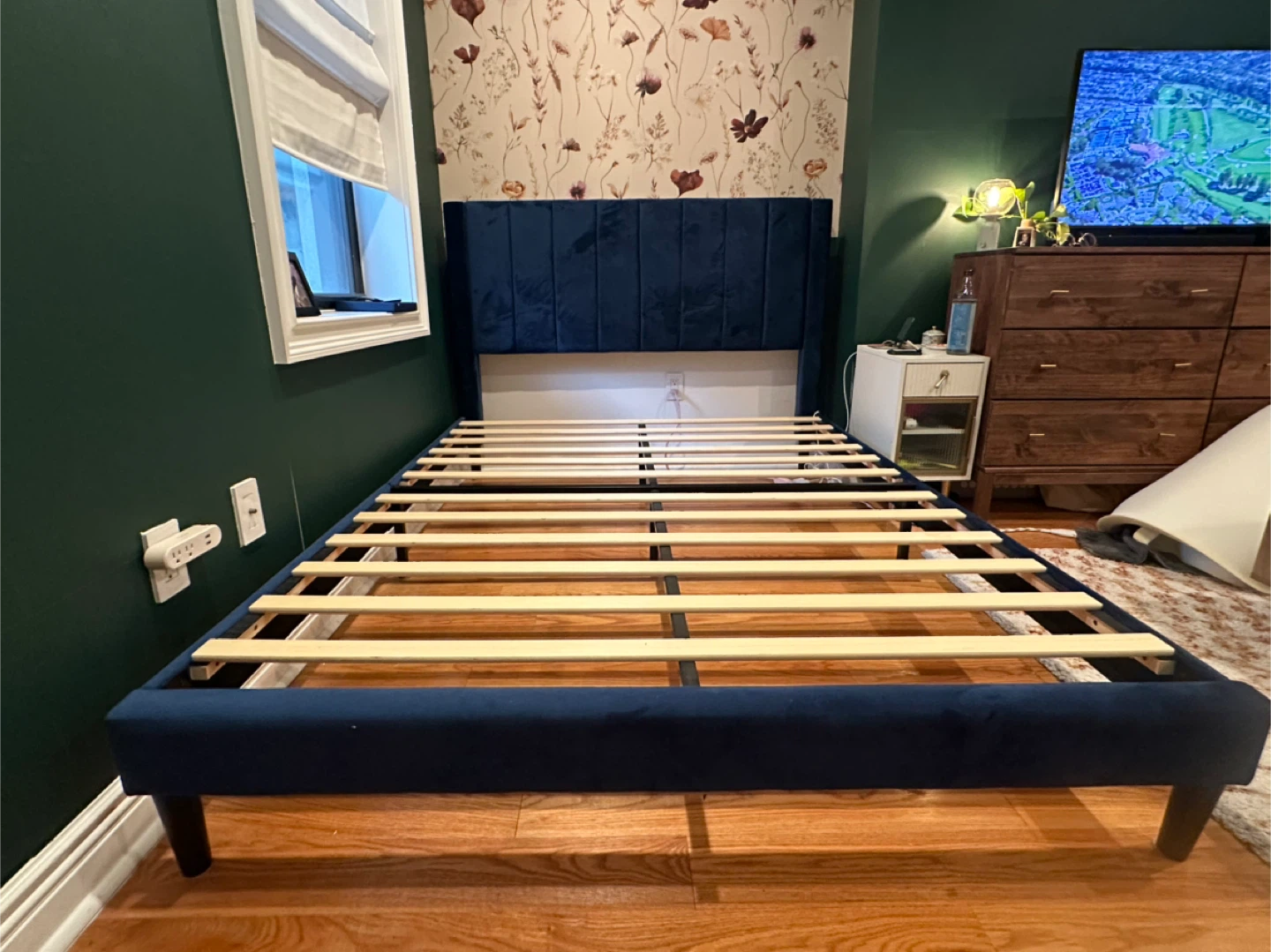 Velvet Upholstered Platform Bed Frame with Headboard - Navy Blue