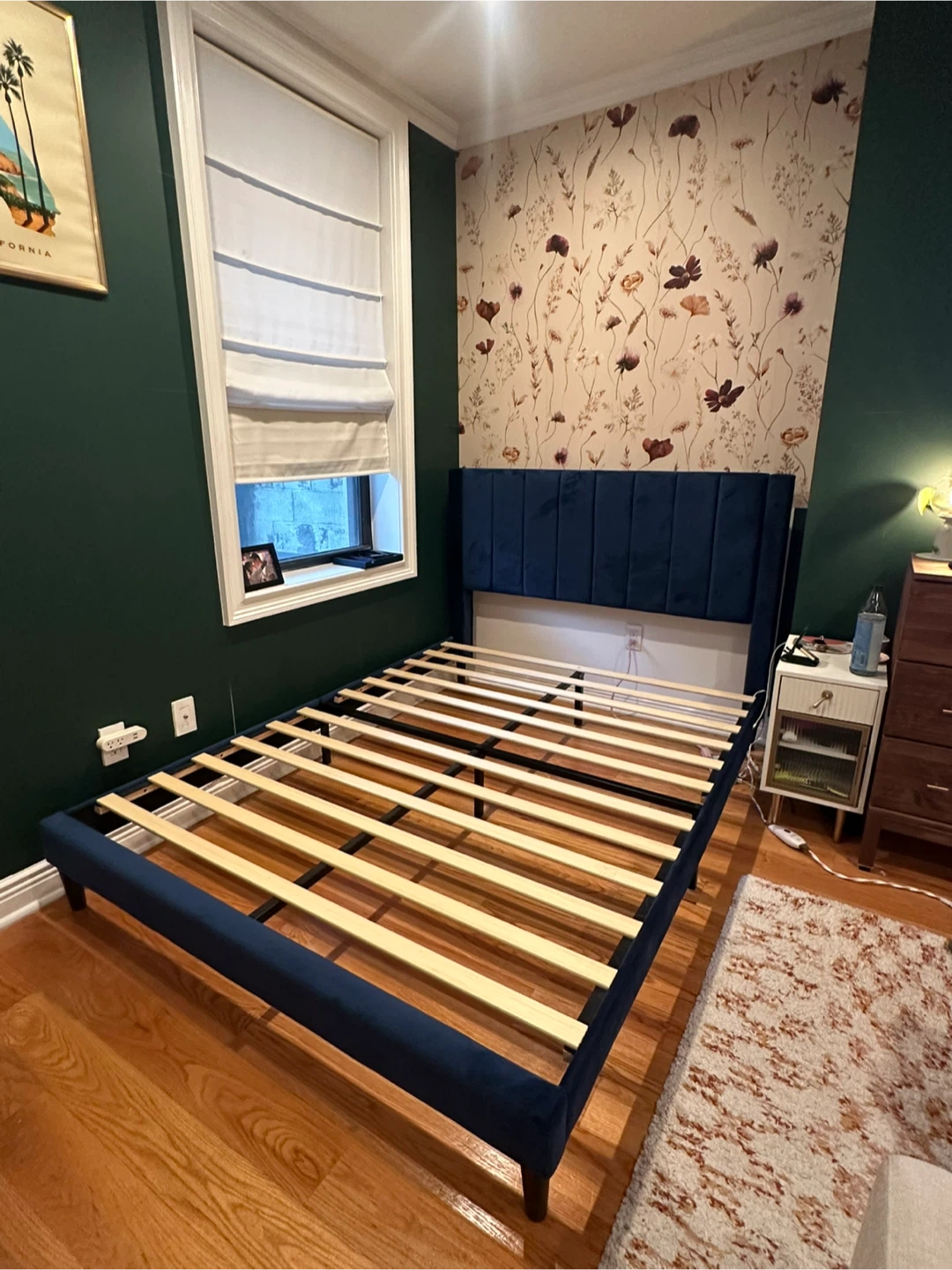 Velvet Upholstered Platform Bed Frame with Headboard - Navy Blue - photo 4