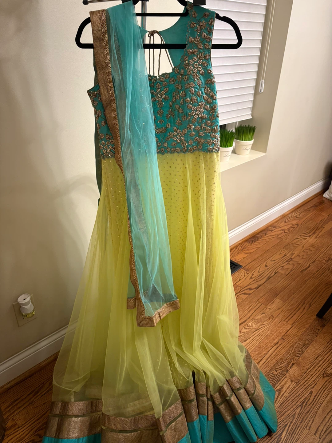 Teal and Yellow Anarkali With Churidar and Dupatta