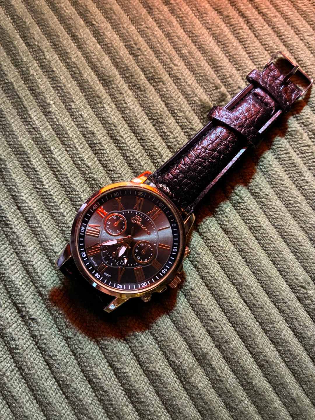 Geneva Quartz Watch with Black Leather Band