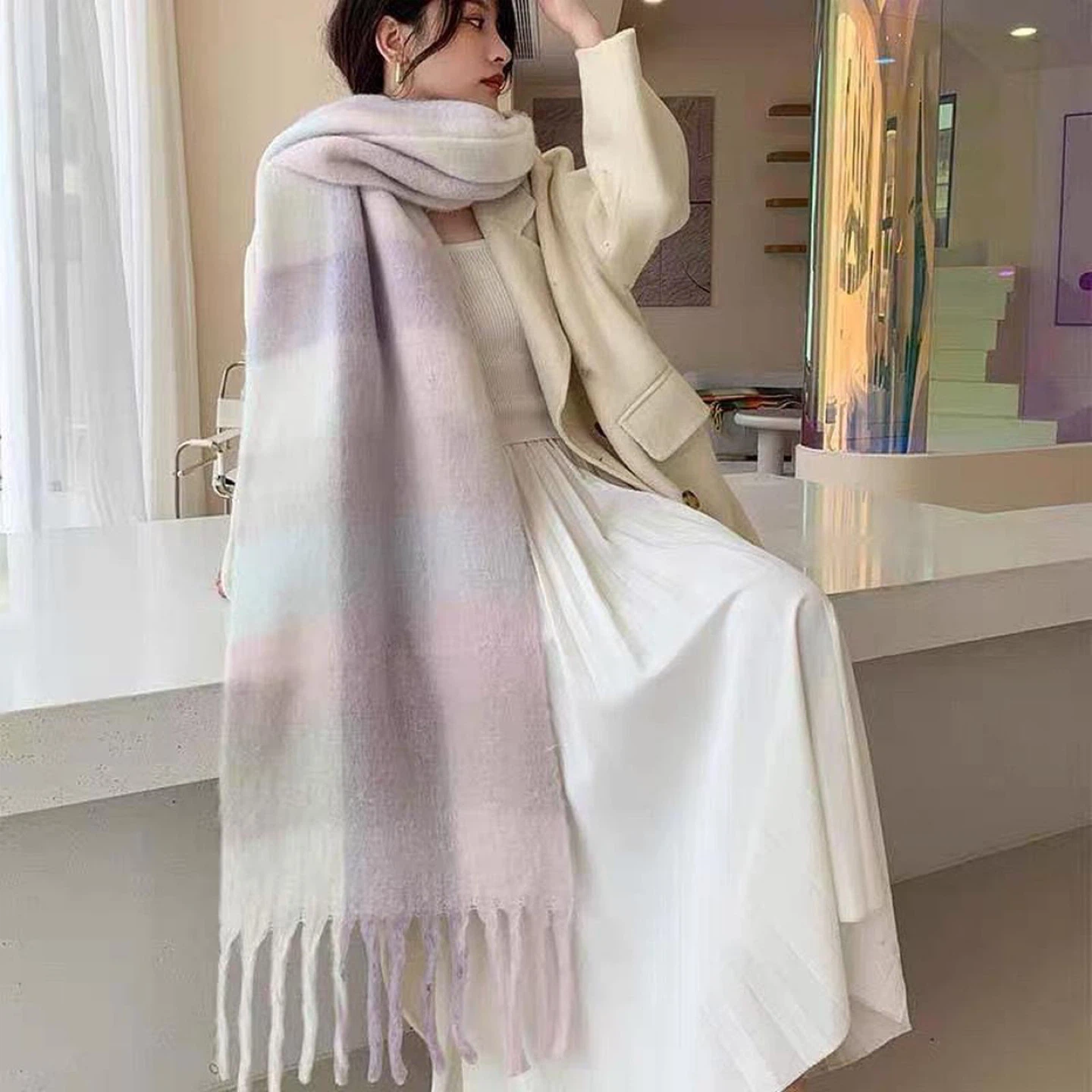 13” x 92” Purple/Pink/Blue Long Fringe Scarf