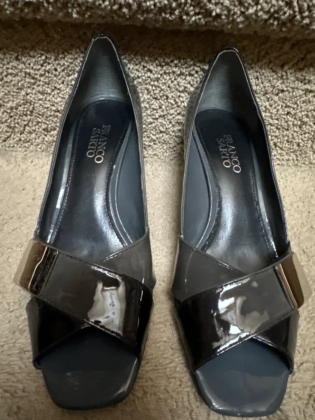 Franco Sarto Black & Grey  Patent Peep-Toe Heels
