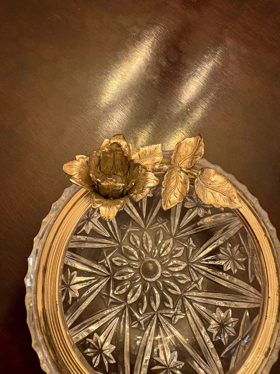 Decorative Glass Trinket Dish with Gold Rose Accent
