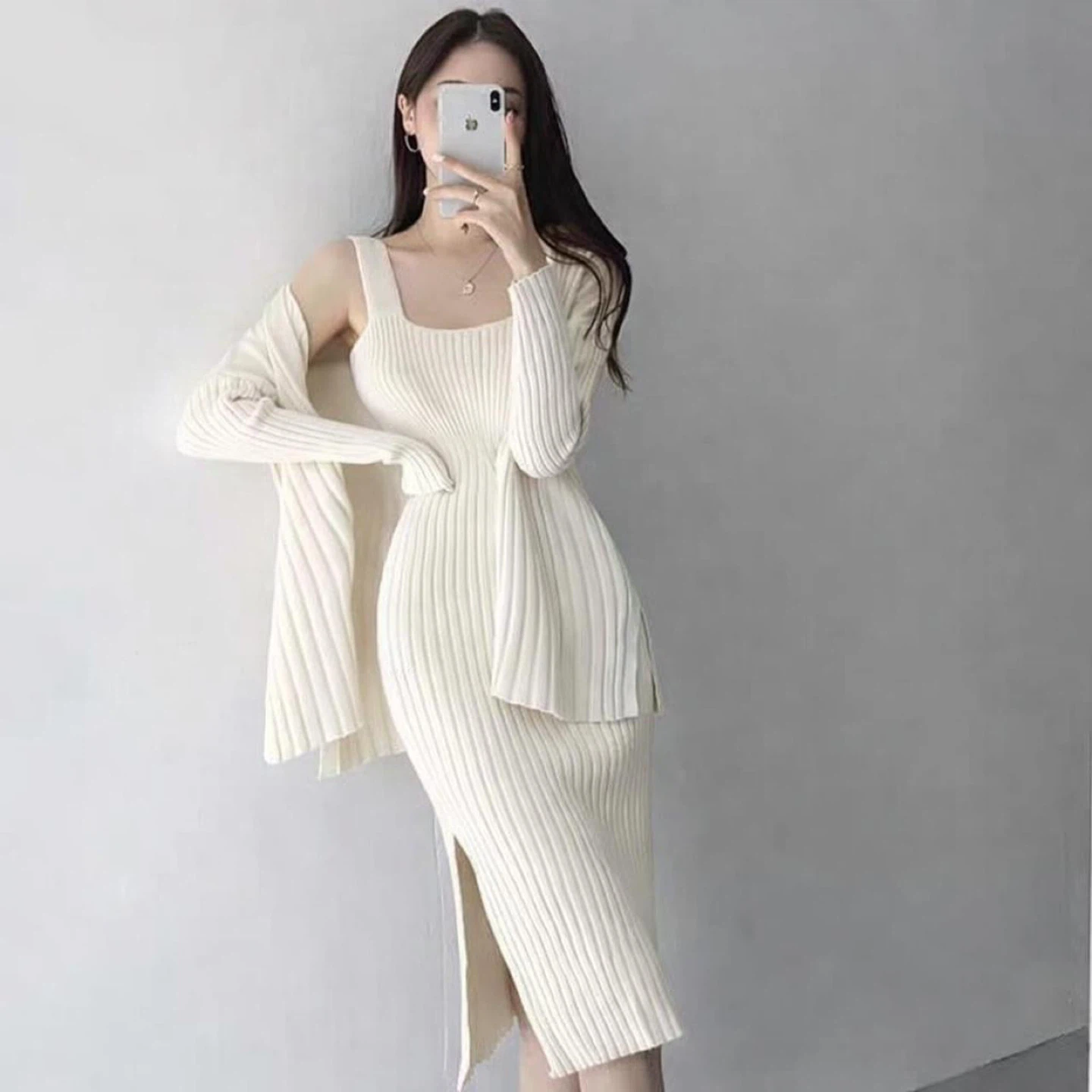 NEW Cream White Ribbed Bodycon Slit Midi Dress w/ Cardigan