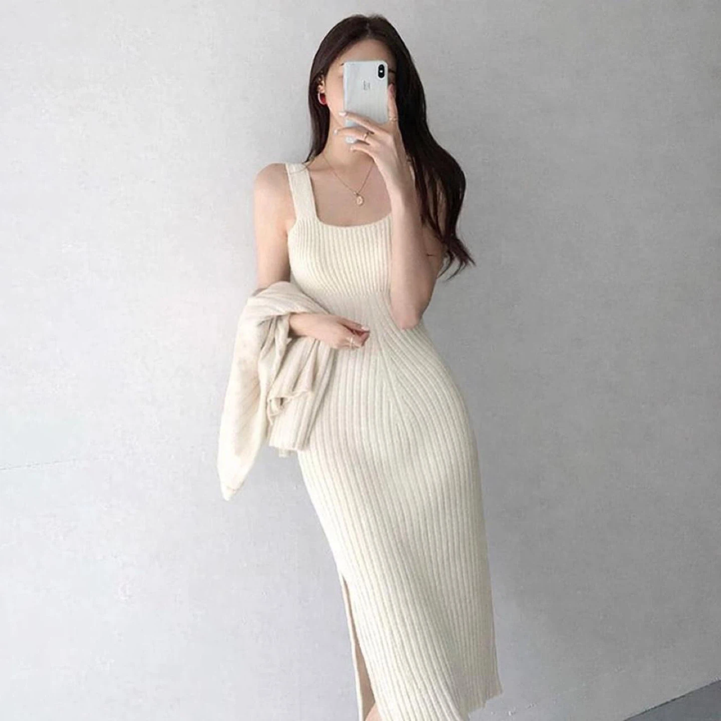NEW Cream White Ribbed Bodycon Slit Midi Dress w/ Cardigan - photo 2