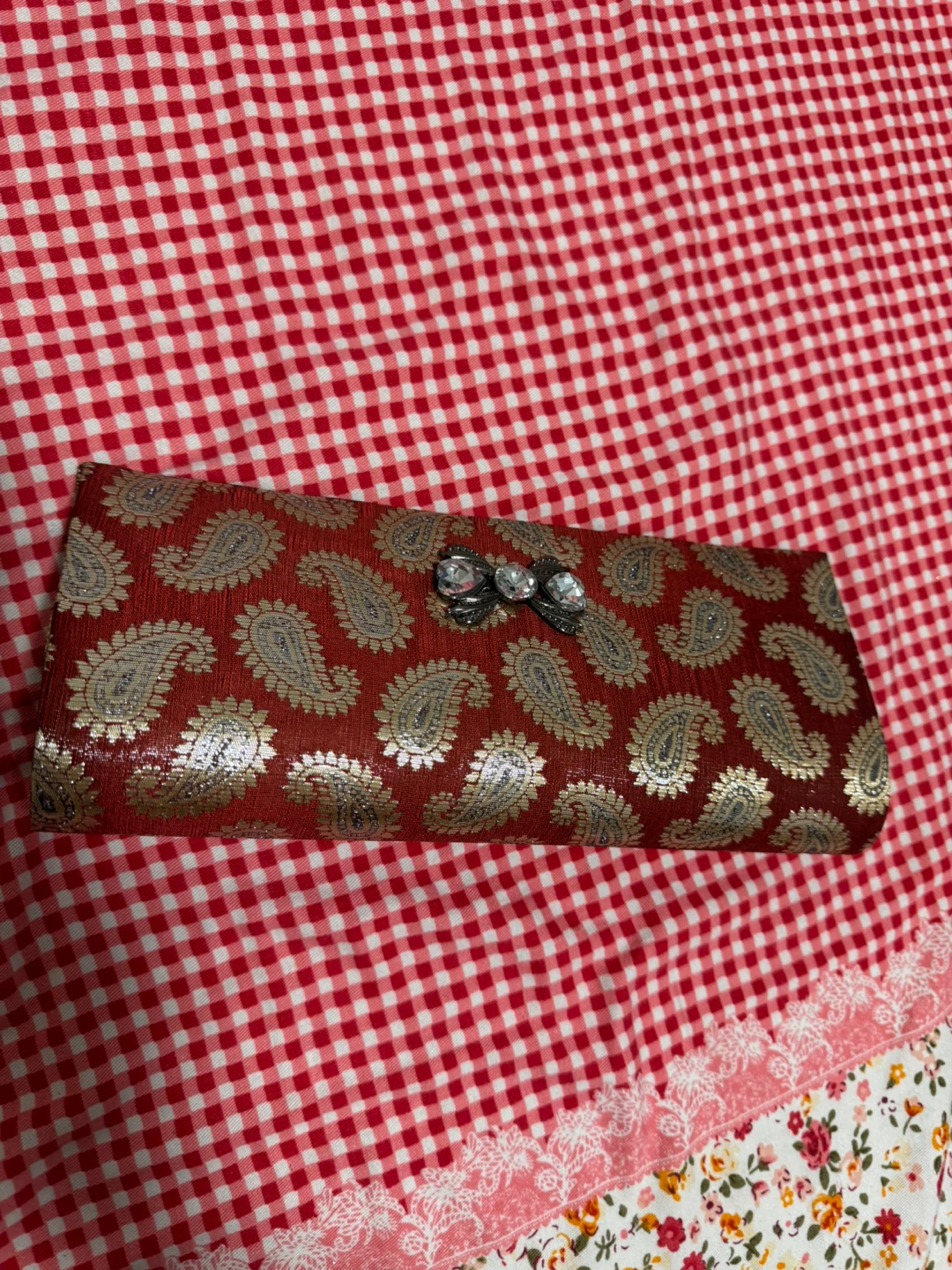 Red Paisley Clutch with Silver Chain