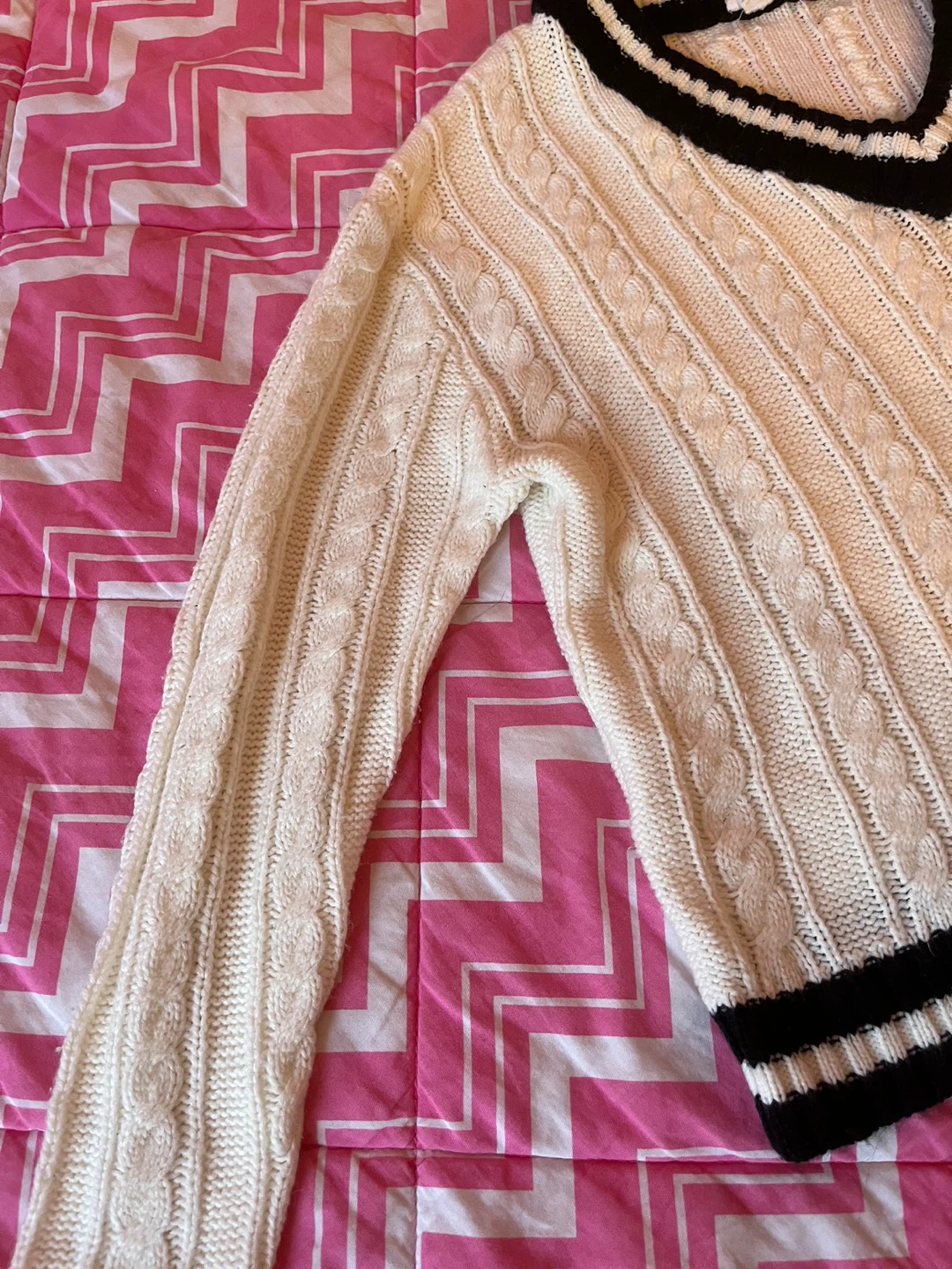 Garage Cream Cable Knit V-Neck Sweater with Black Trim - photo 2