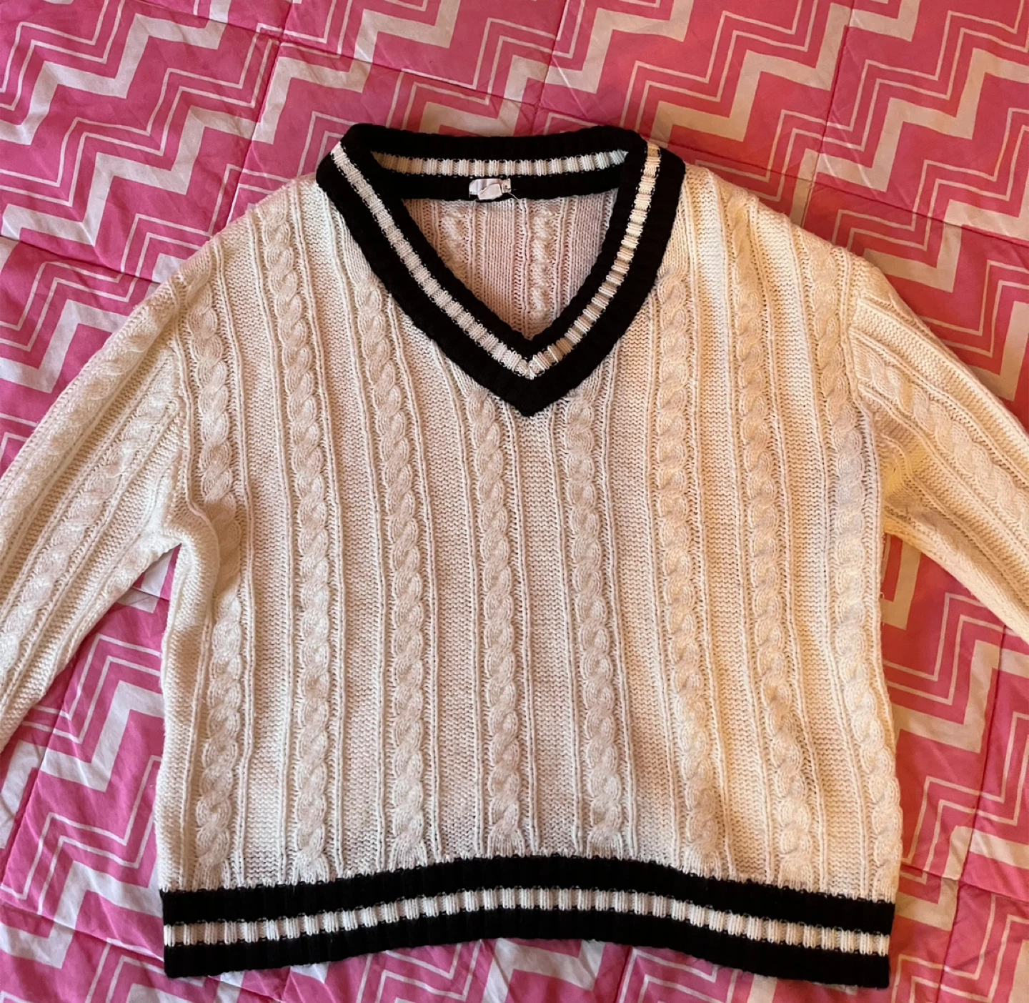 Garage Cream Cable Knit V-Neck Sweater with Black Trim