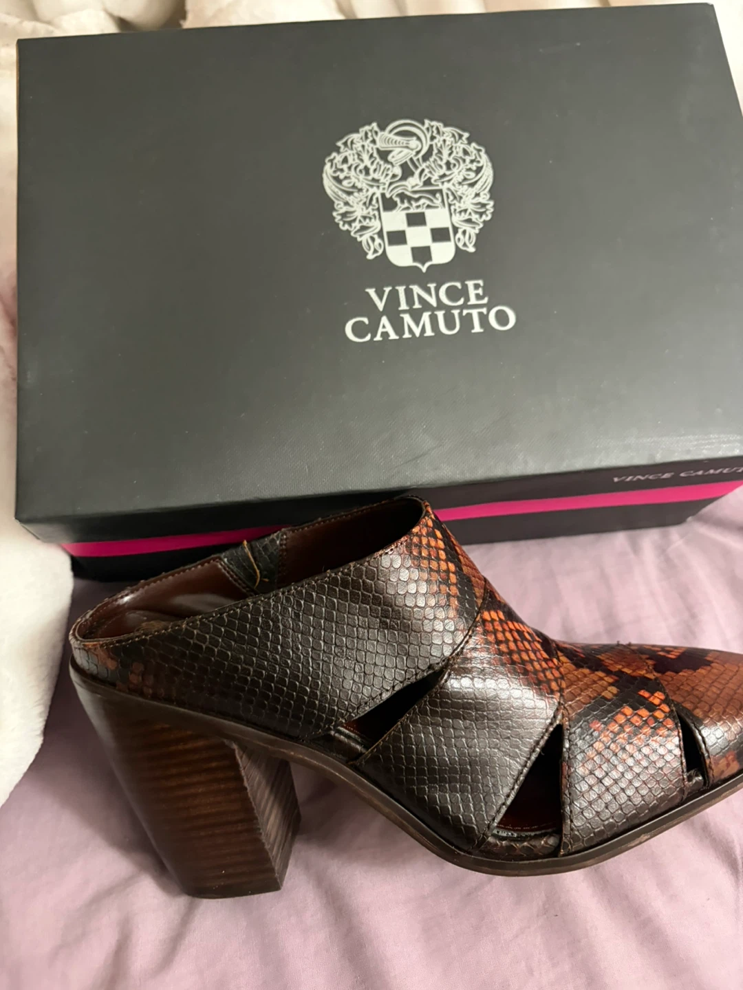 Vince Camuto Snake Print Heeled Mules