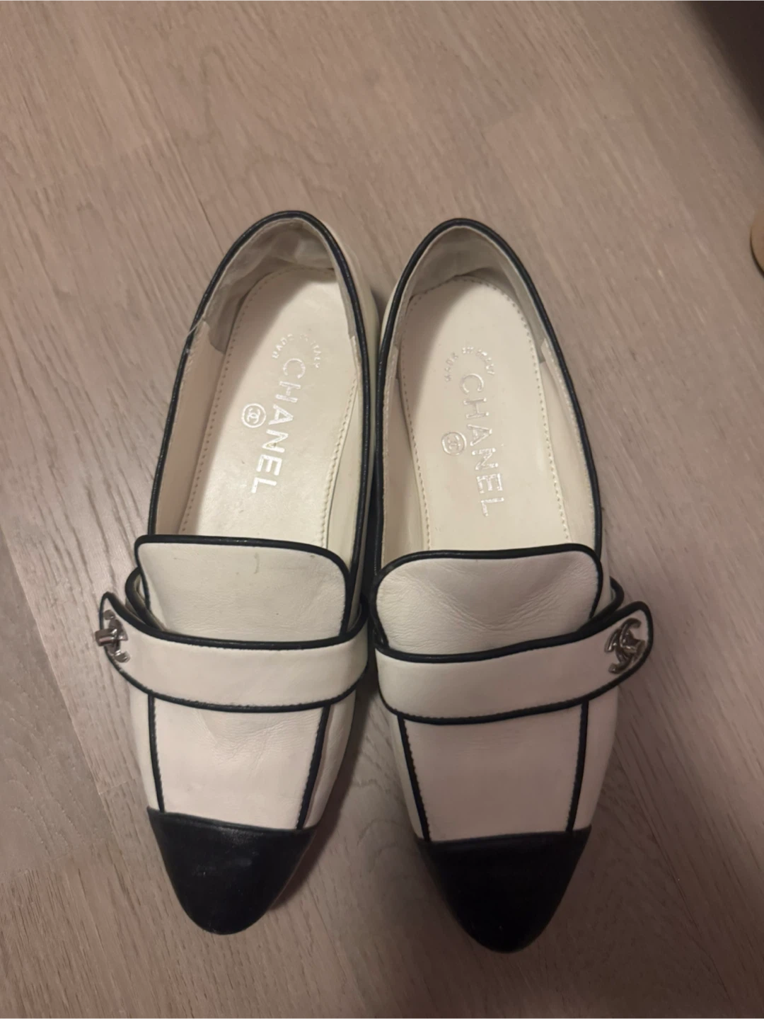 CHANEL Women's White & Black Leather Loafers - Size 37