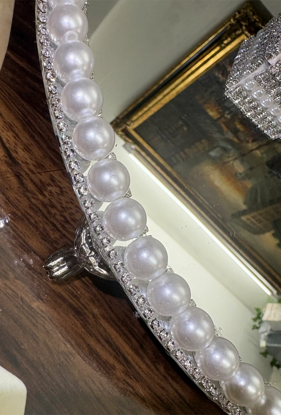 Round Mirror Tray with Faux Pearls & silver rhinestone Border - photo 4