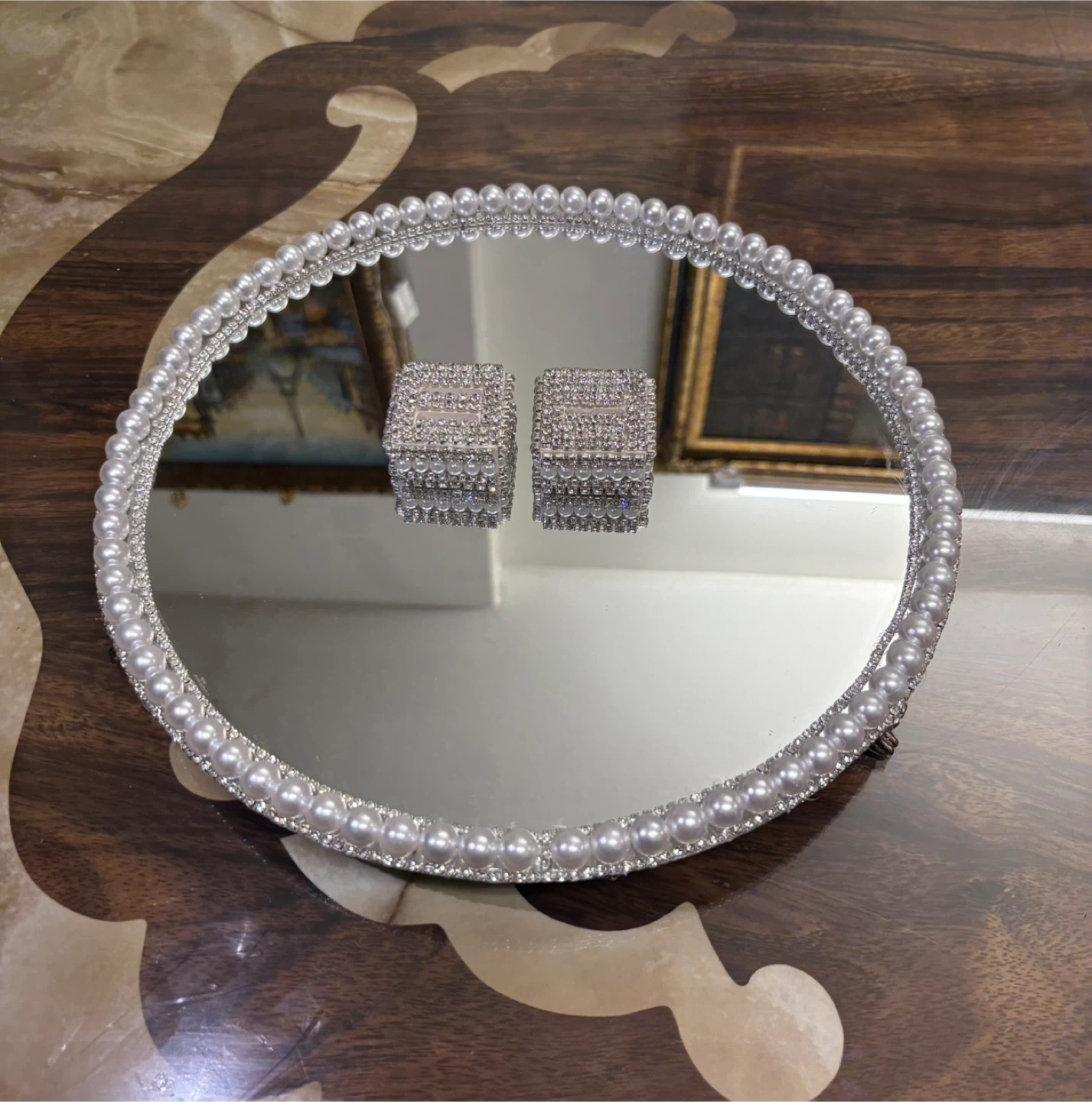 Round Mirror Tray with Faux Pearls & silver rhinestone Border