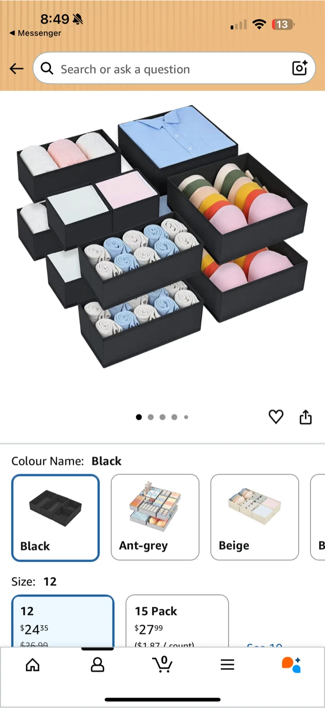 Black Fabric Drawer Organizers