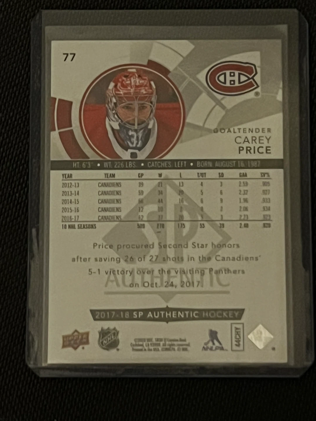 2017-18 SP Authentic Carey Price Hockey Card - photo 2