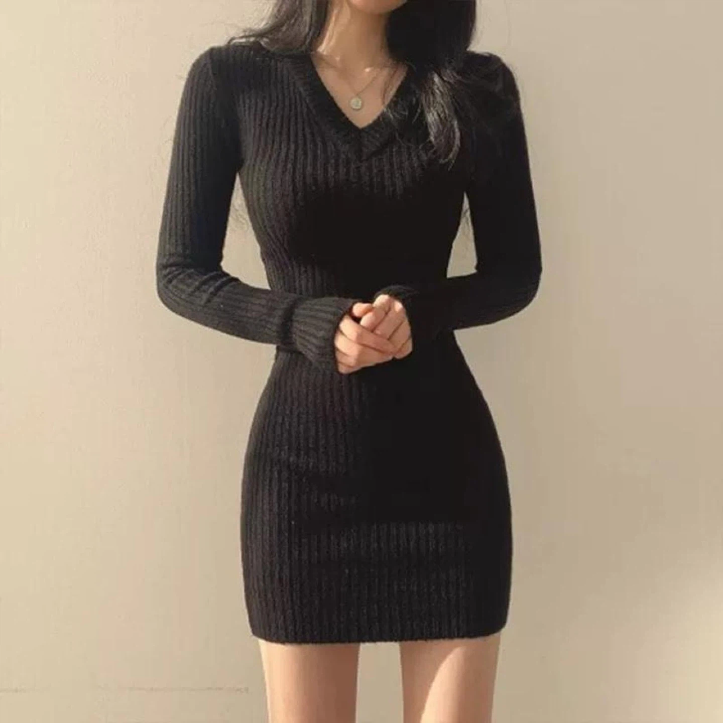 NEW Black V-neck Knit Long Sleeve Bodycon Mini Sweater Dress