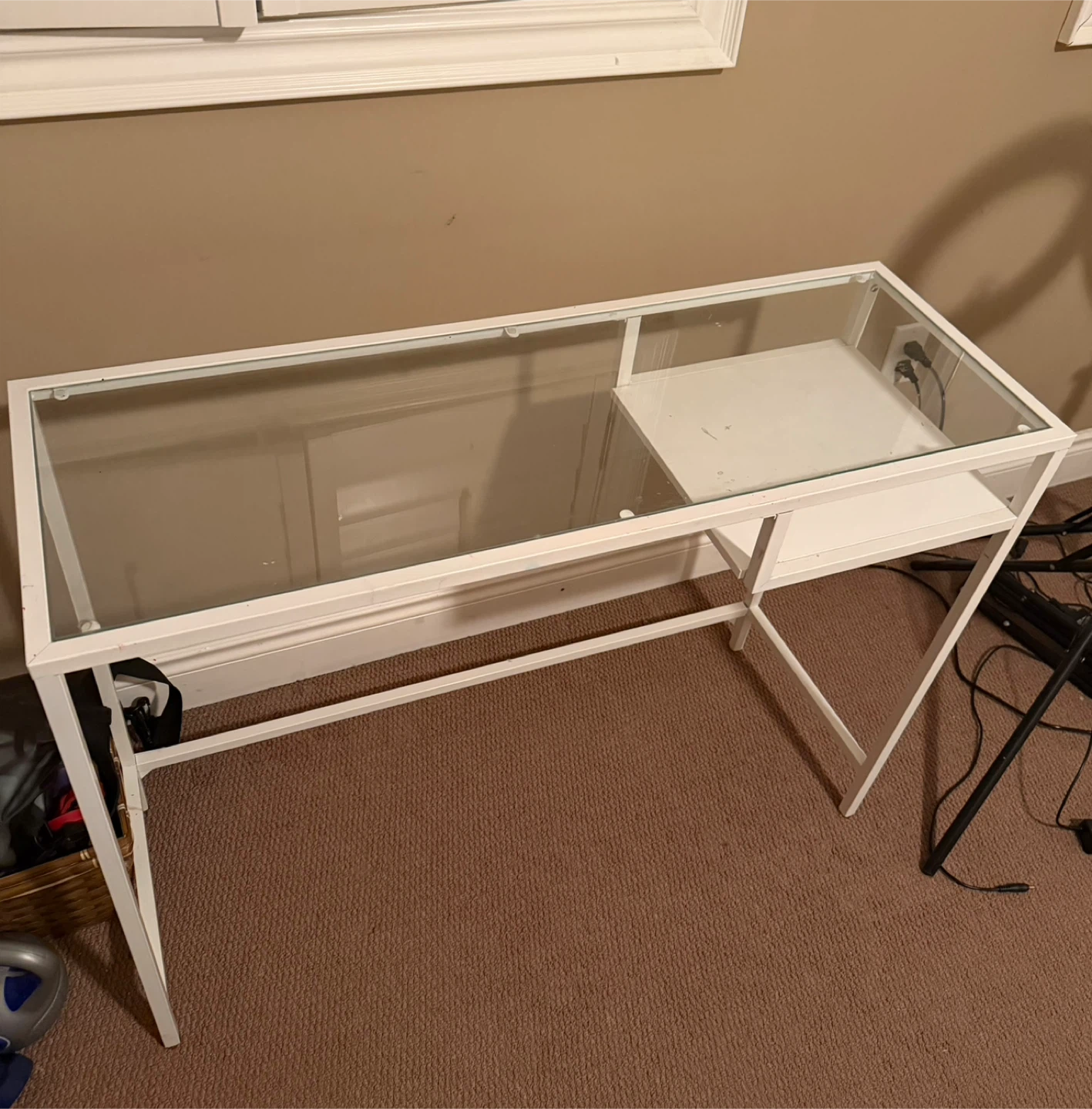 White Metal Frame Glass Top Desk with Shelf