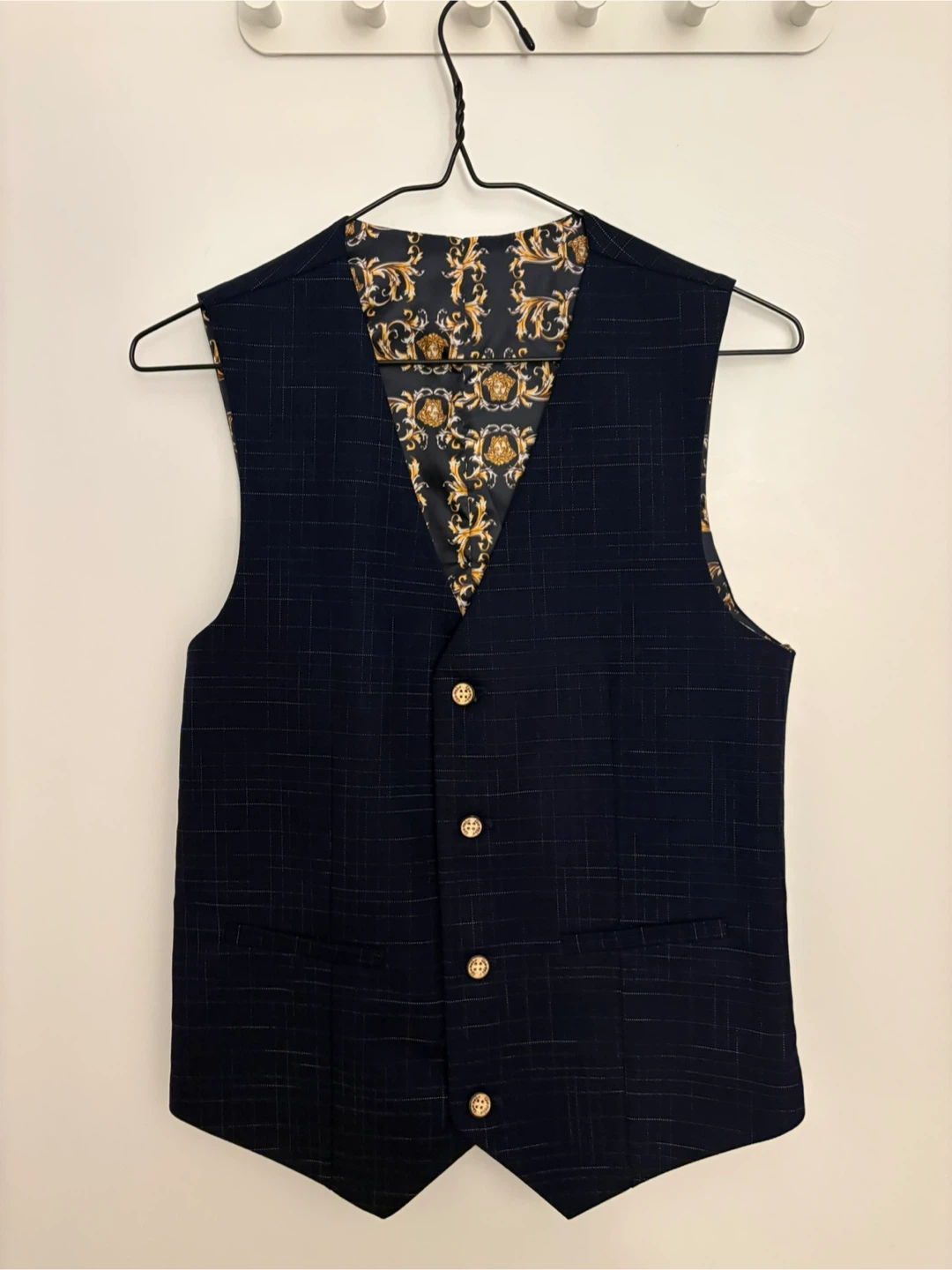 Navy Blue Plaid Vest with Ornate Lining