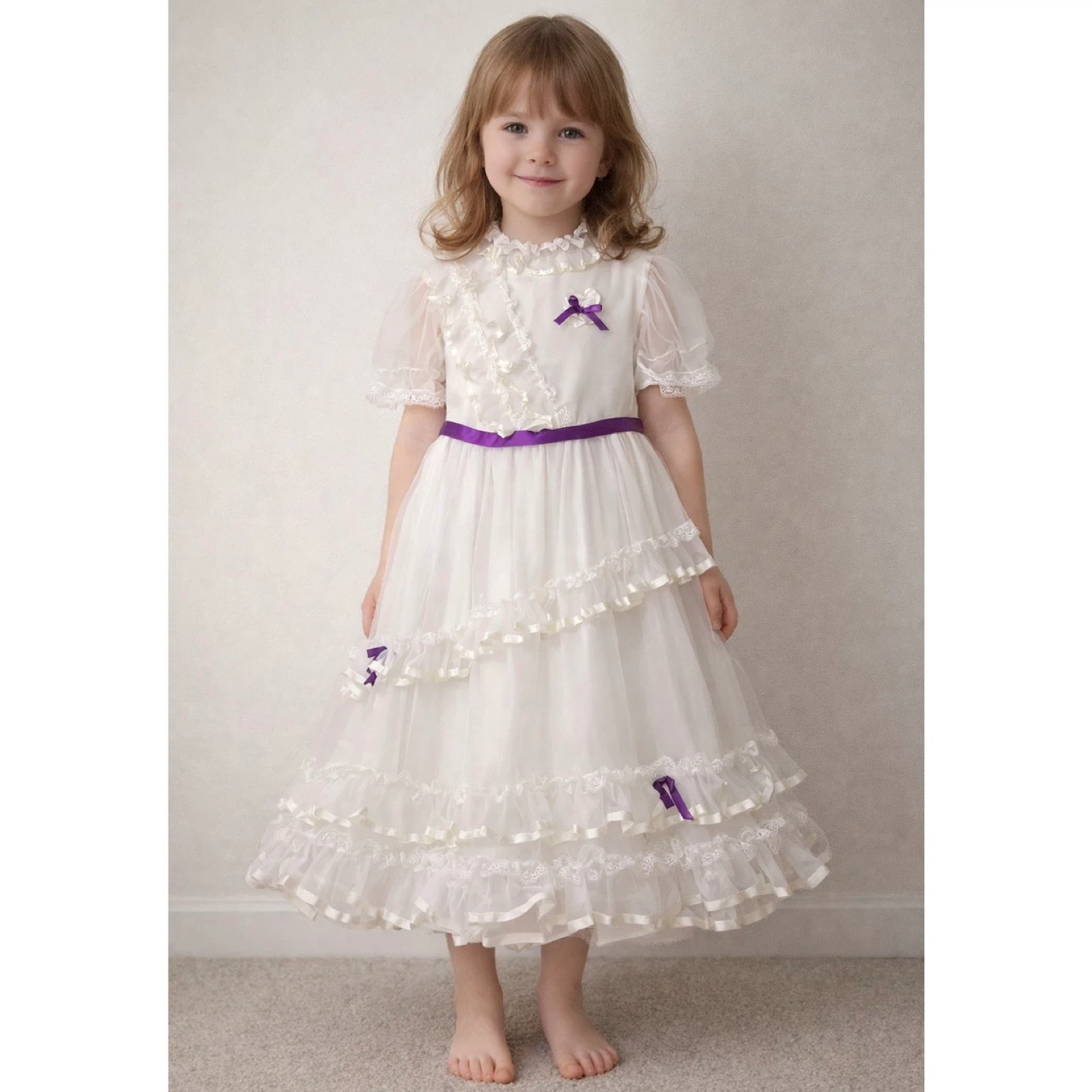 Vintage BBR White Ruffle Flower Girl Dress Purple Accents Size 6