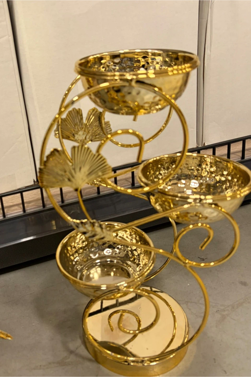 Gold Tiered Serving Tray with Decorative Ginkgo Leaves