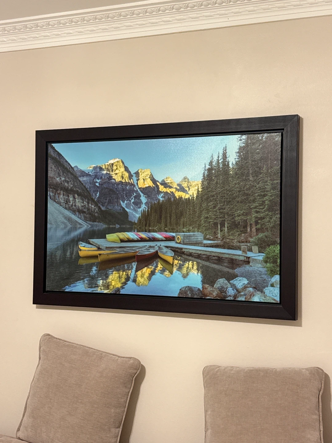 Framed Canvas Print - Moraine Lake Canoes
